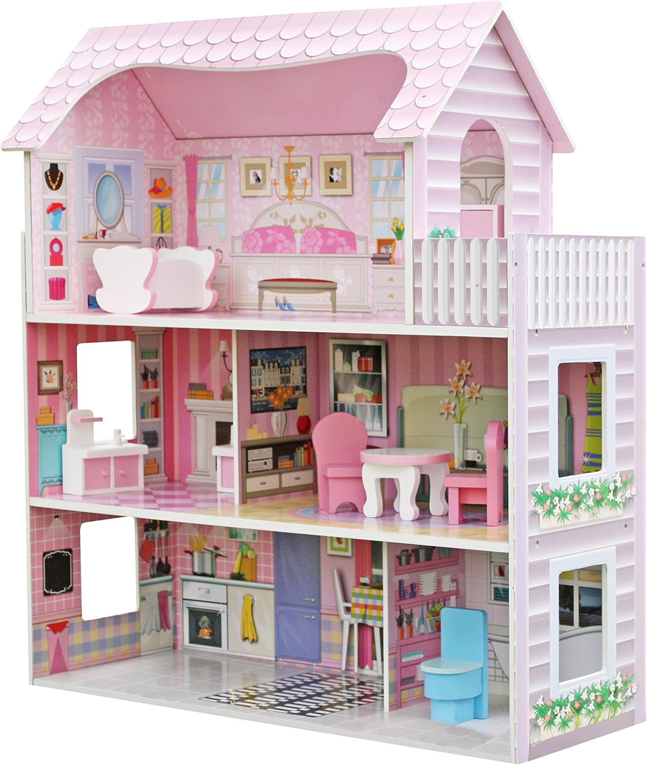HYGRAD Wooden Kids Doll House All in 1 With Furniture & Staircase Perfect for Girls, 3-8 Years Old