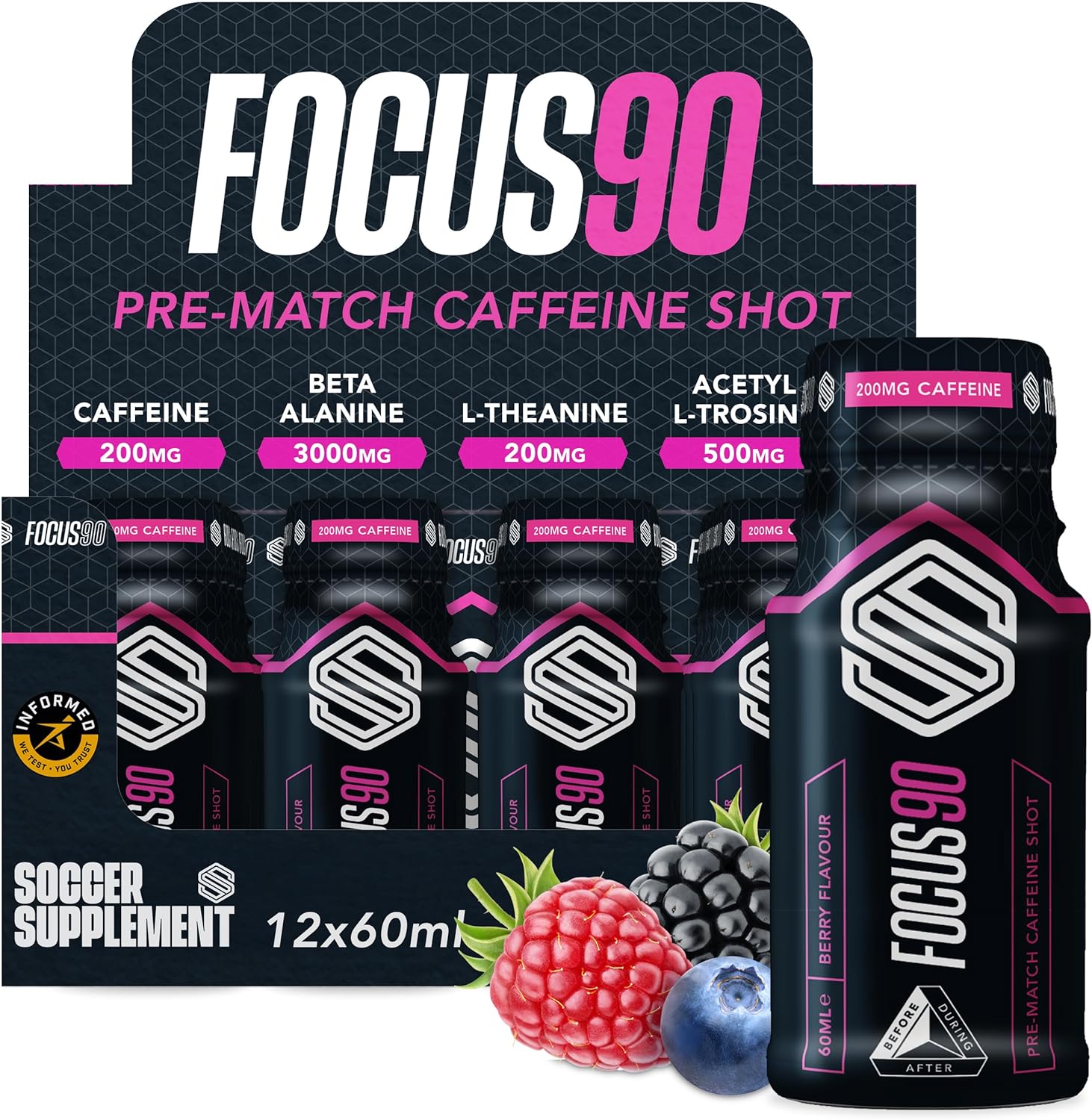Soccer Supplement Focus90 Caffeine Shot (12 Pack), 200mg Caffeine with L Theanine 200mg and Beta Alanine in a Pre Workout Shot, Berry Flavour