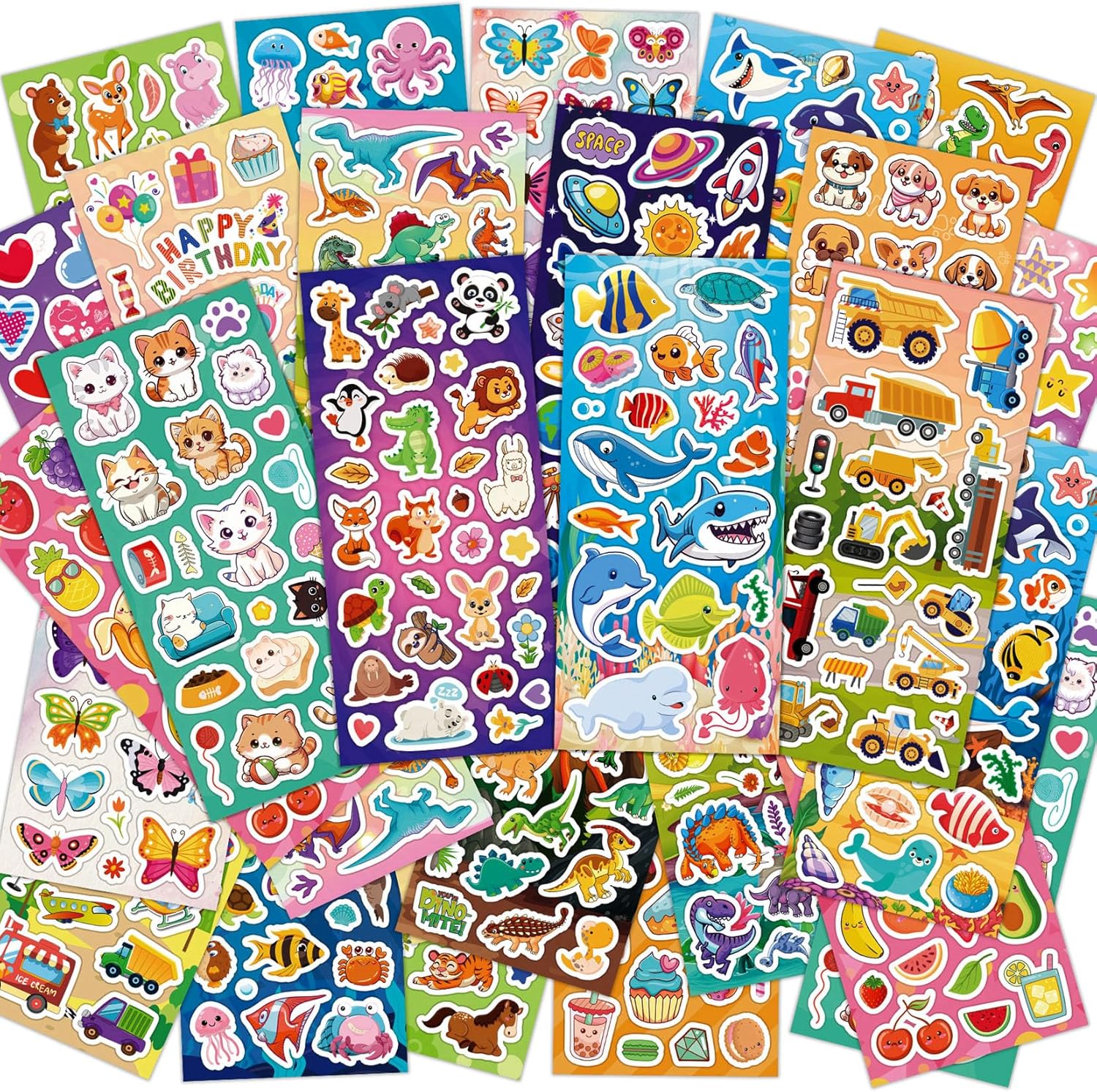 36 Sheets Stickers for Kids, 800+ Stickers for Scrapbooking Including Animals, Fruits, Dinosaurs, Hearts, Cats, Fish, Cars, Space and More, Party Favors for Kids