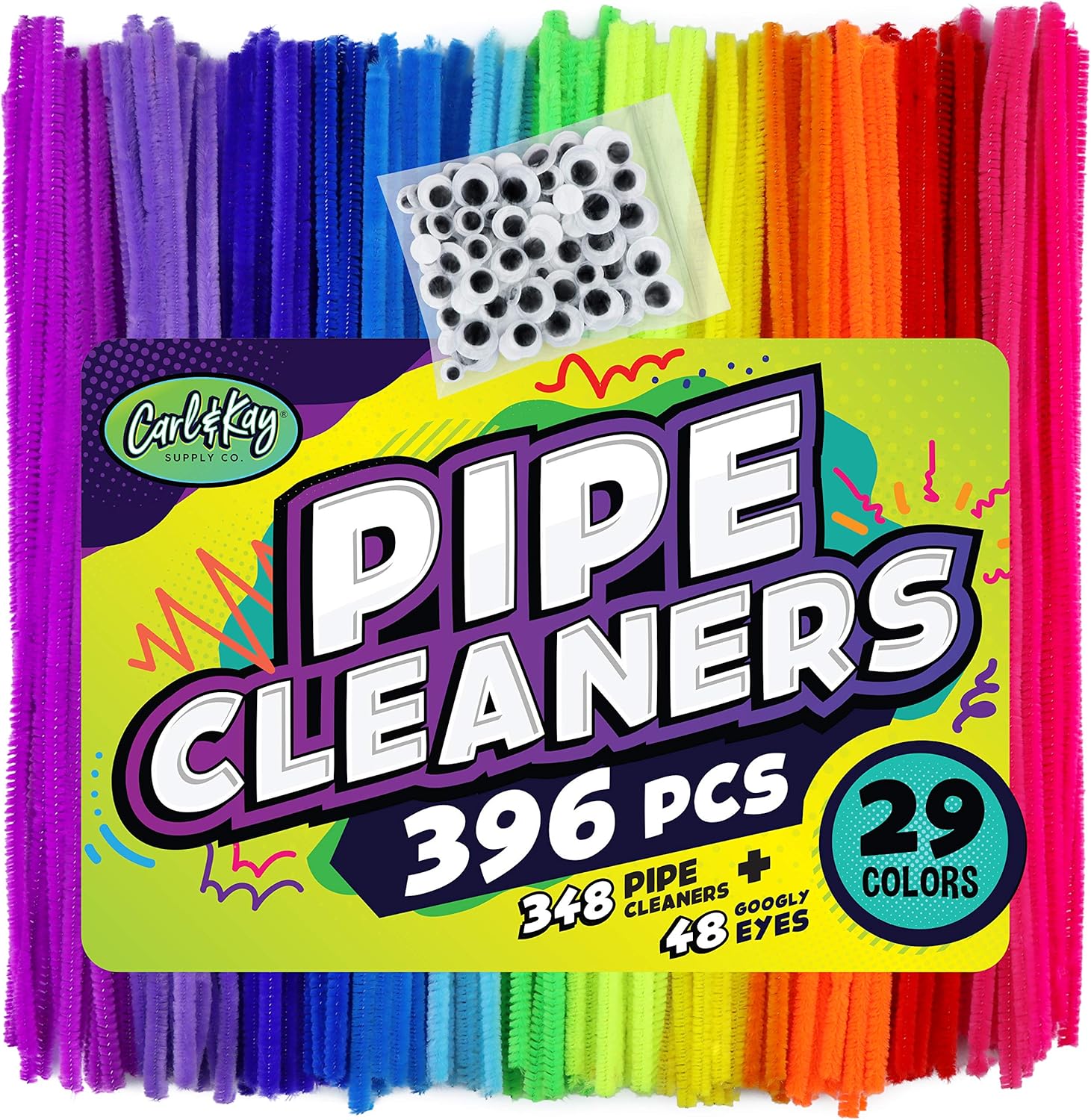 348 Pipe Cleaners Plus 48 Googly Eyes - Colored Chenille Stems for Kids Craft - Fuzzy Stems in 29 Colors