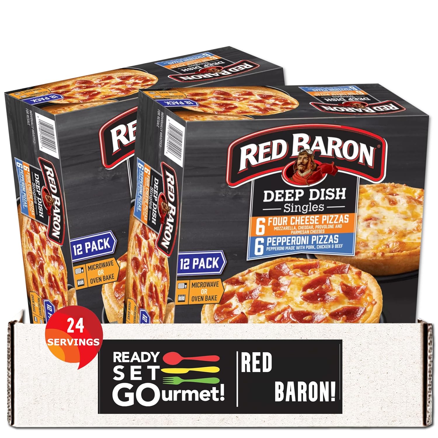 Red Baron Singles Deep Dish Pizza Variety Pack - Four Cheese Pizzas and Pepperoni Pizzas - 2 Pack (6 Cheese, 6 Pepperoni Each Box) - Ready Set Gourmet Donate a Meal Program
