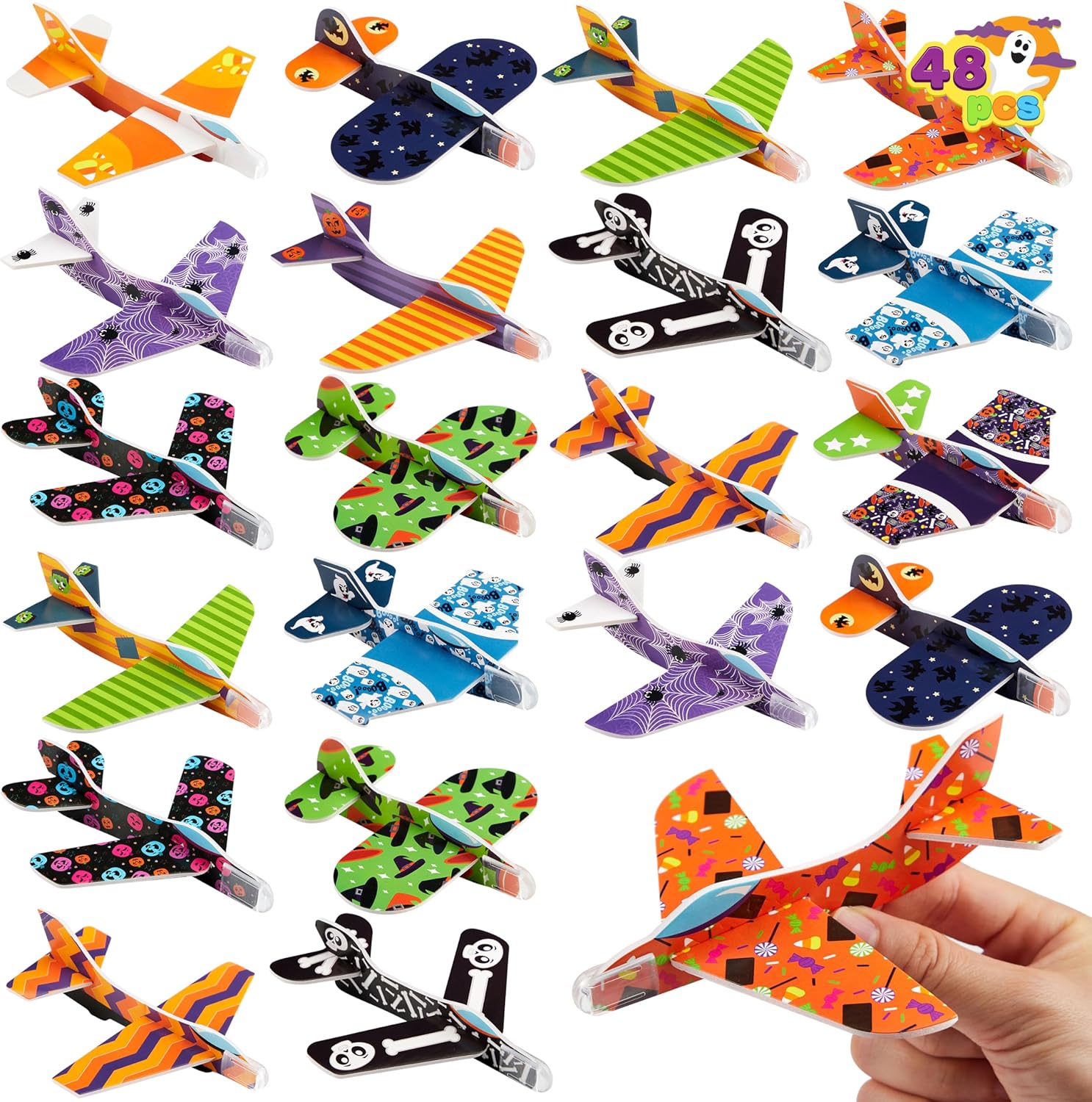 JOYIN 48 PCS Halloween Foam Glider Planes for Kids, Flying Paper Airplane Gliders Toys Bulk for Halloween Party Gifts Presents,12 Different Airplane Designs,Trick or Treats, Party Favor and Supplies