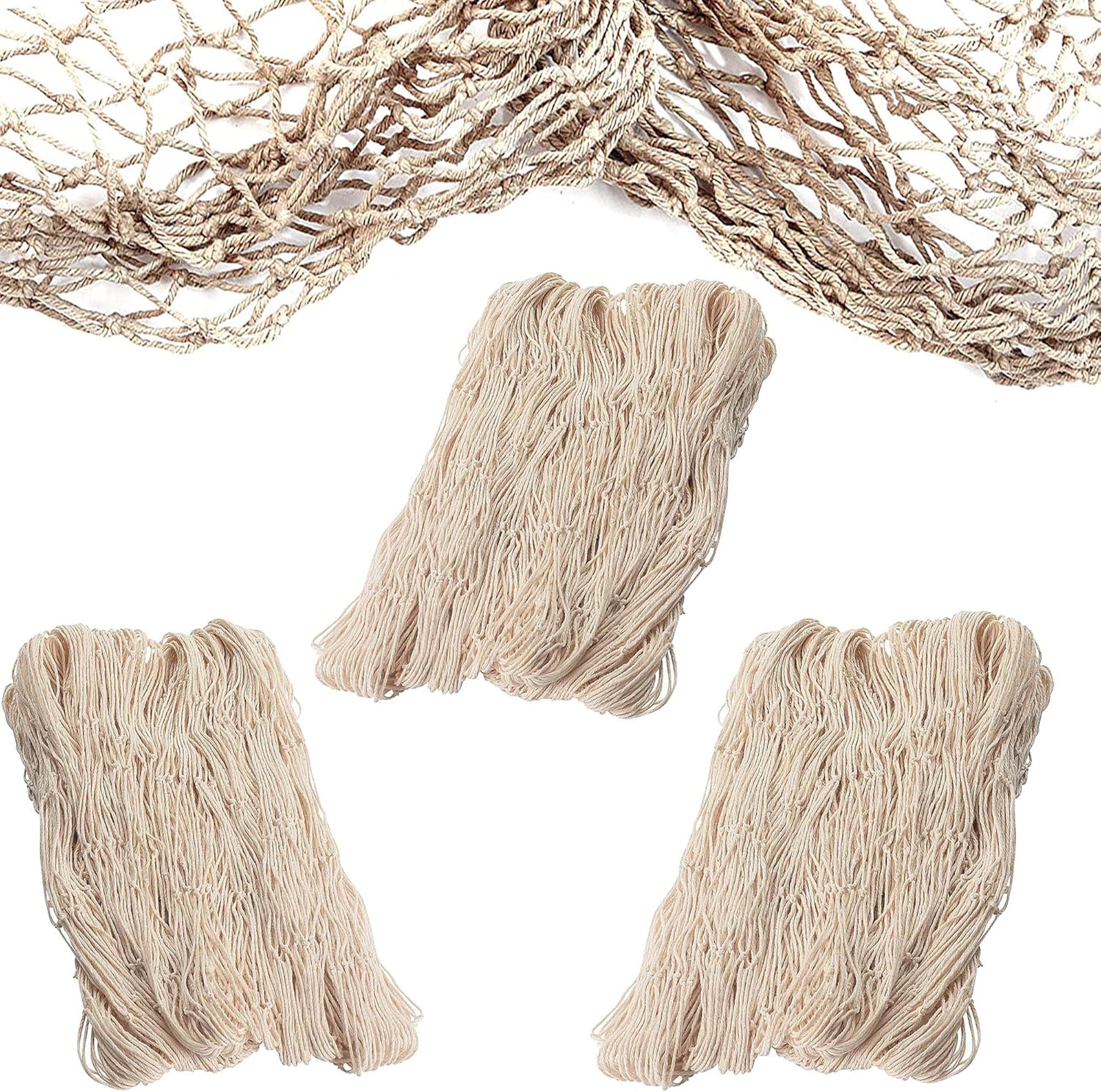 4E's Novelty Fish Net Decorative - Pack of 3 - Natural Cotton Fishnet Decor - Each 14 x 4 feet - for Mermaid Party Decorations, Luau Tropical Nautical Beach Table Cover