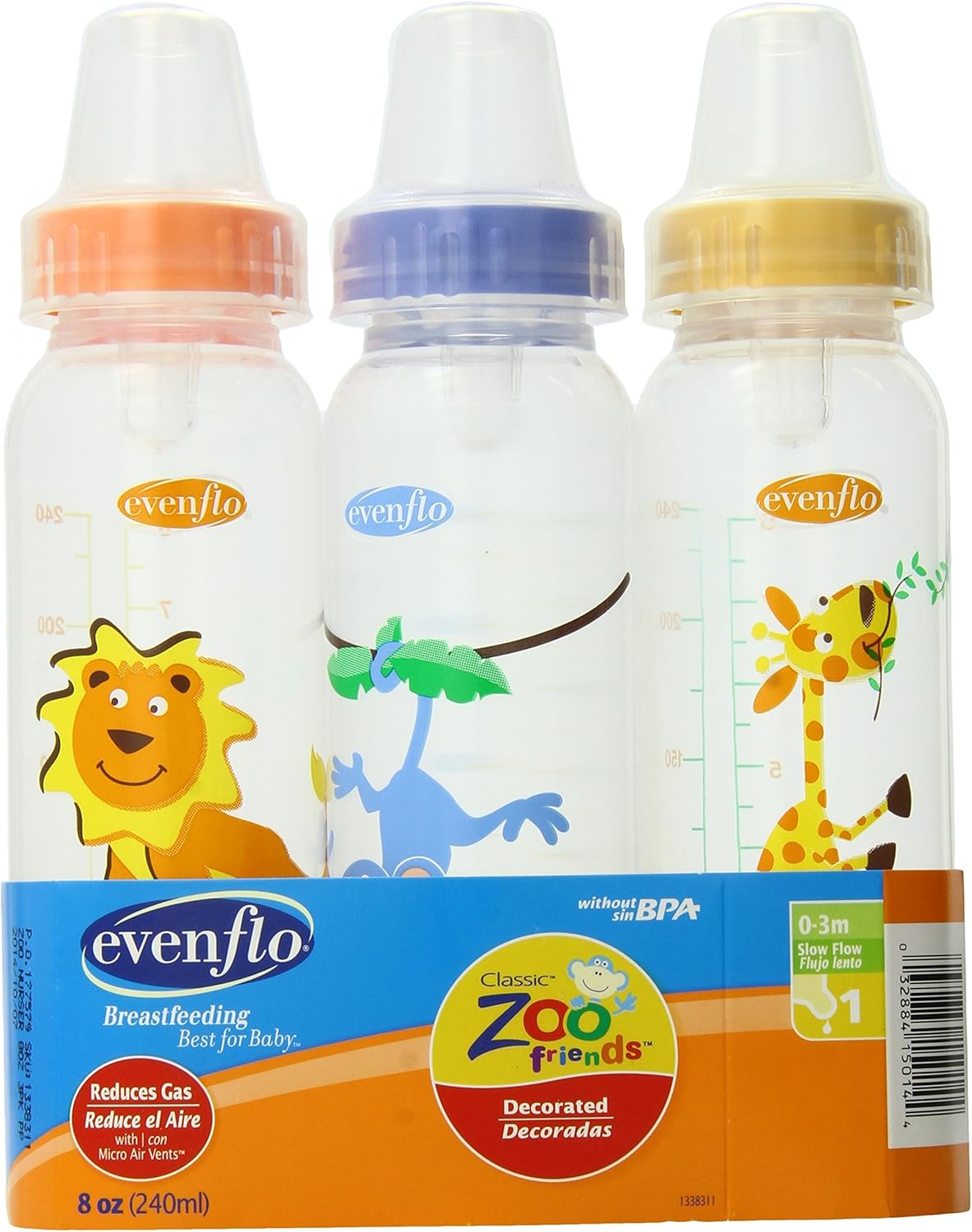 Evenflo Zoo Friends 3 Count Standard Nipple Bottle, 8 Ounce (Colors May Vary)