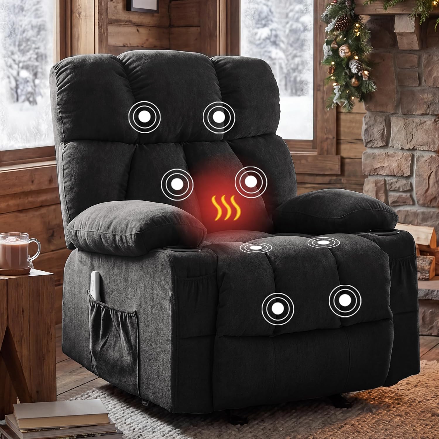 Massage Rocking Recliner Chair, Ergonomic Recliners Sofa with Vibration Massage & Heat, Rocking Chair Nursery Chair for Living Room Lounge with 4 Pockets, 2 Cup Holders, USB Charge Port, Black