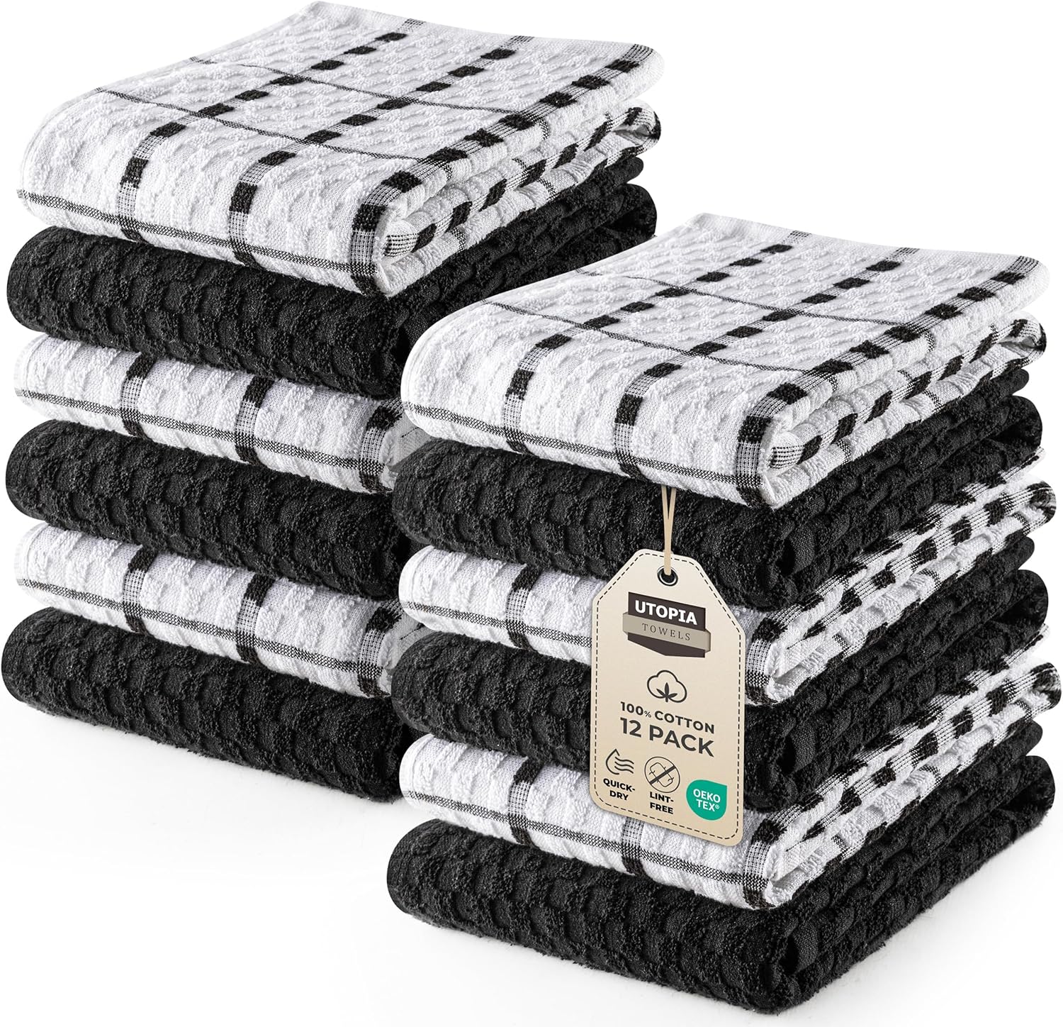 Utopia Towels -12 Kitchen Towels Set - 38 x 64 cm - 100% Ring Spun Cotton Super Soft and Absorbent Dish Towels, Tea and Bar Towels (Black)