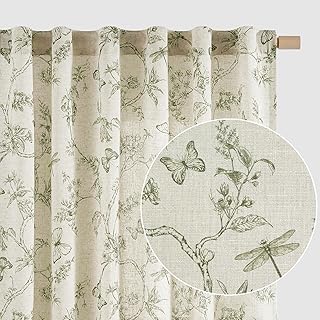 Lazzzy Linen Farmhouse Curtains Green Floral Curtains 63 Inch Length Back Tab Drapes for Living Room Bedroom Light Filtering Country Vintage Rod Pocket Curtain, 2 Panels, Green on Beige