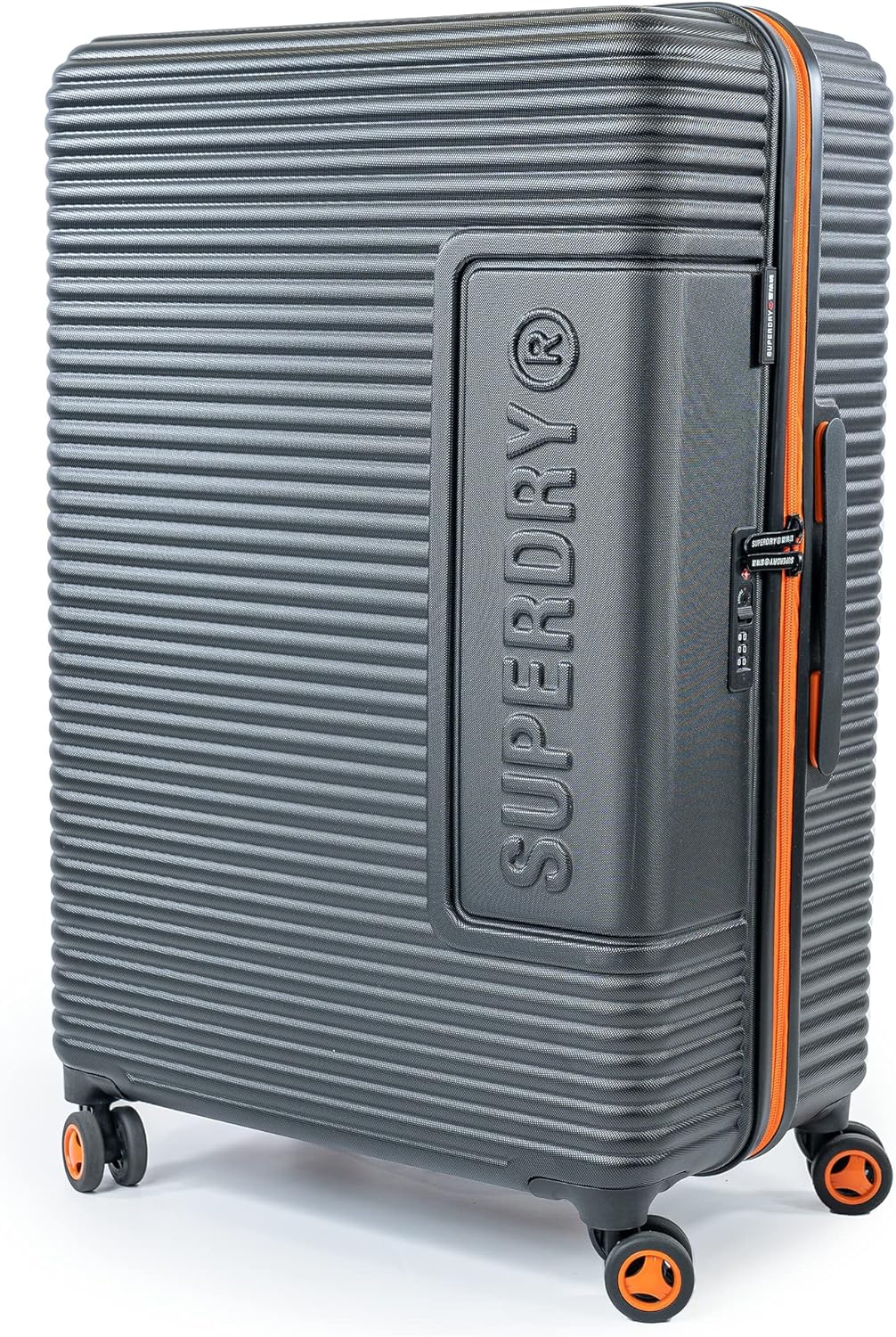 Superdry Hard Shell Travel Suitcases - Lightweight, Robust, TSA Locks, with 8 Smooth Spinner Wheels, Telescopic Trolley, Clothing Retention Straps & High Cap Luggage (Black/Orange, Medium)