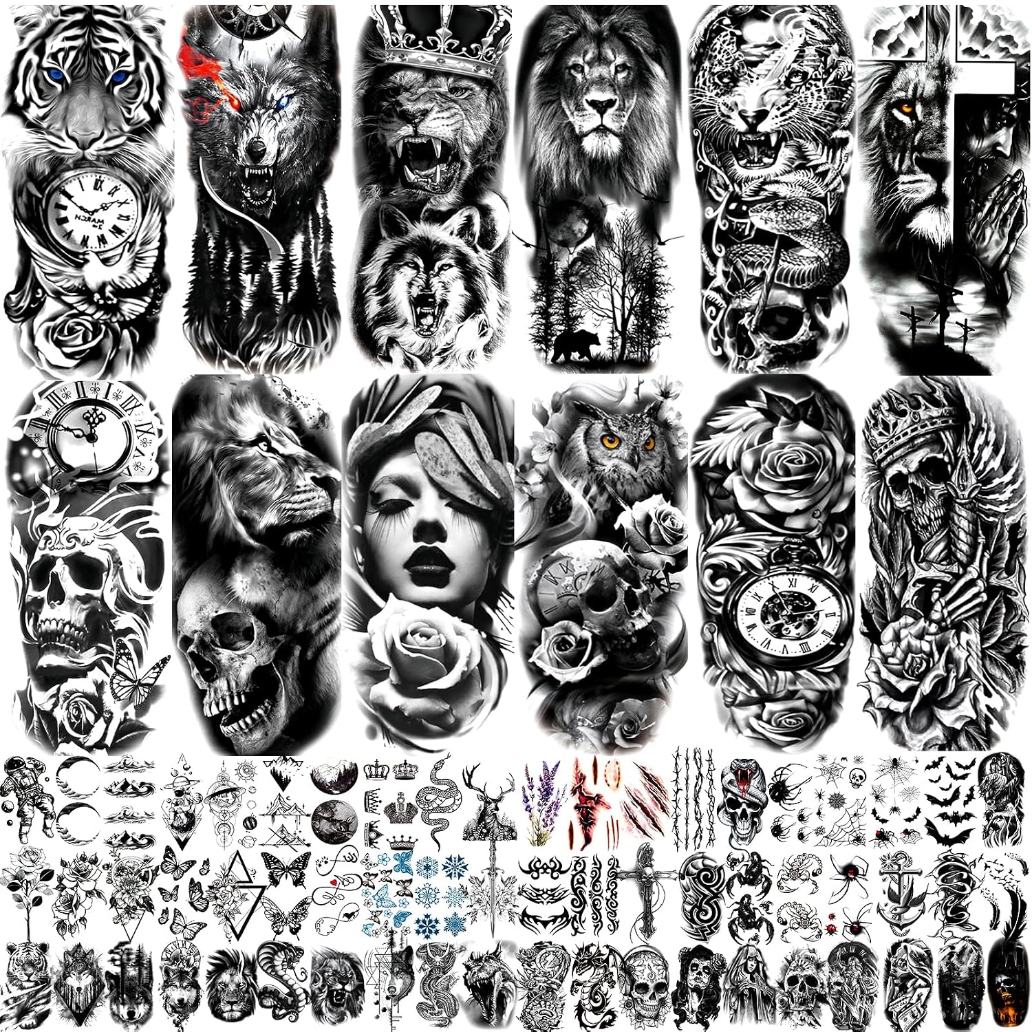 JEEFONNA 82 Sheets Temporary Tattoo for Men Women Adults, Include 12 Sheets Black 3D Half Sleeve Temporary Tattoos, Halloween Tattoos Scary Lion Wolf Tiger Skull Skeleton Tattoos Stickers