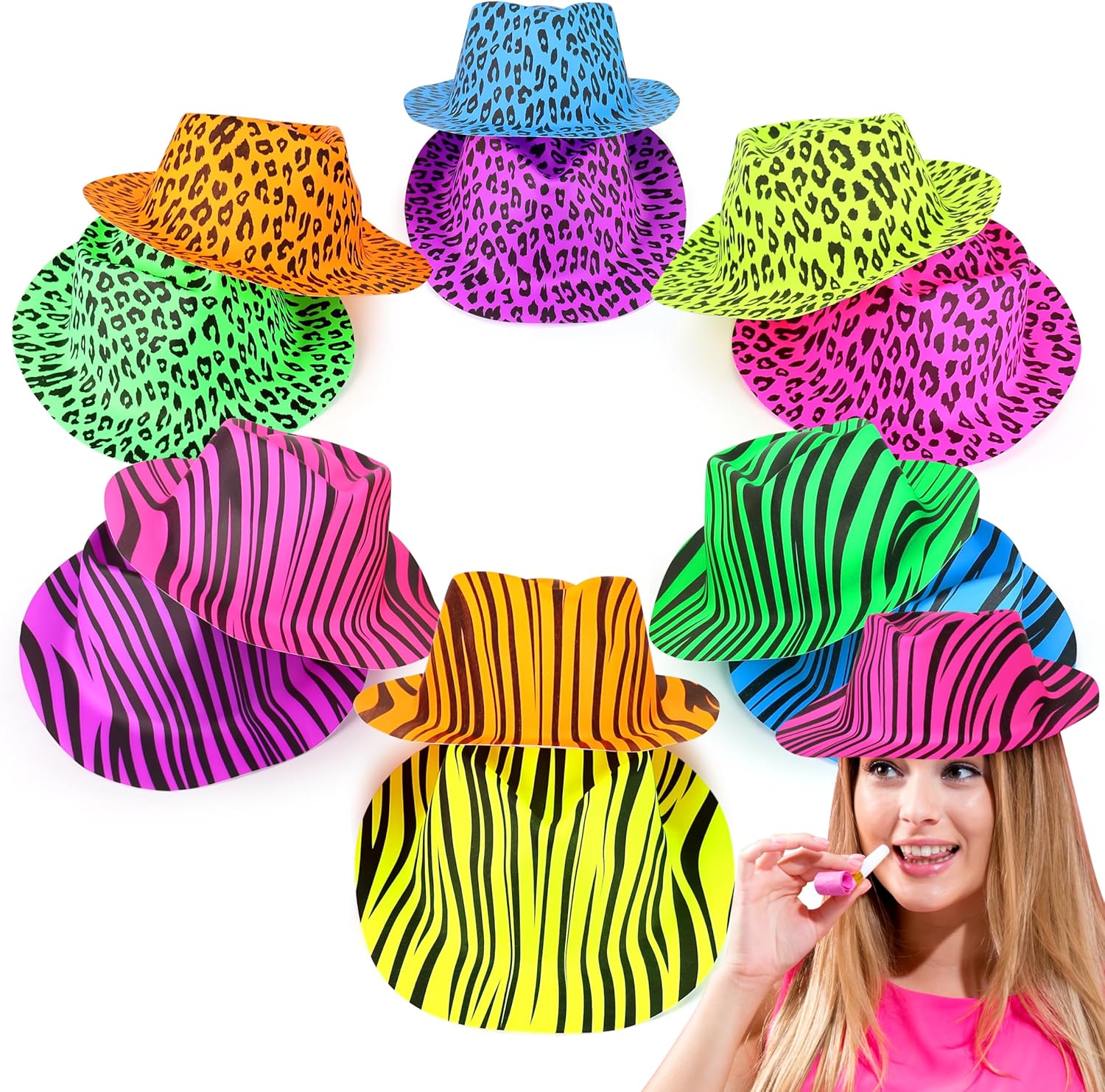 Neon Gangster Fedora Party Hats for Adults and Kids, UV Reactive Fluorescent Hat 12-Pack, Parties, Weddings