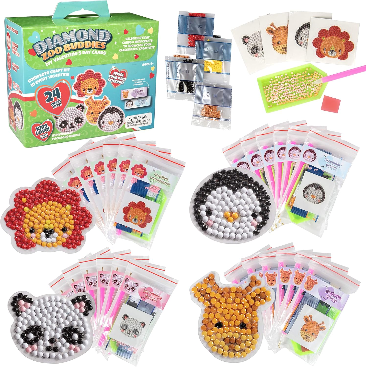 Zoo Buddies Diamond Painting Kits (24ct)- Perfect Goodie Bag Party Favors for Kids Birthday Party -Each Includes Animal Gem Craft Activity & Sticker- Kids Multi-Item Party Favor Packs for Boys & Girls