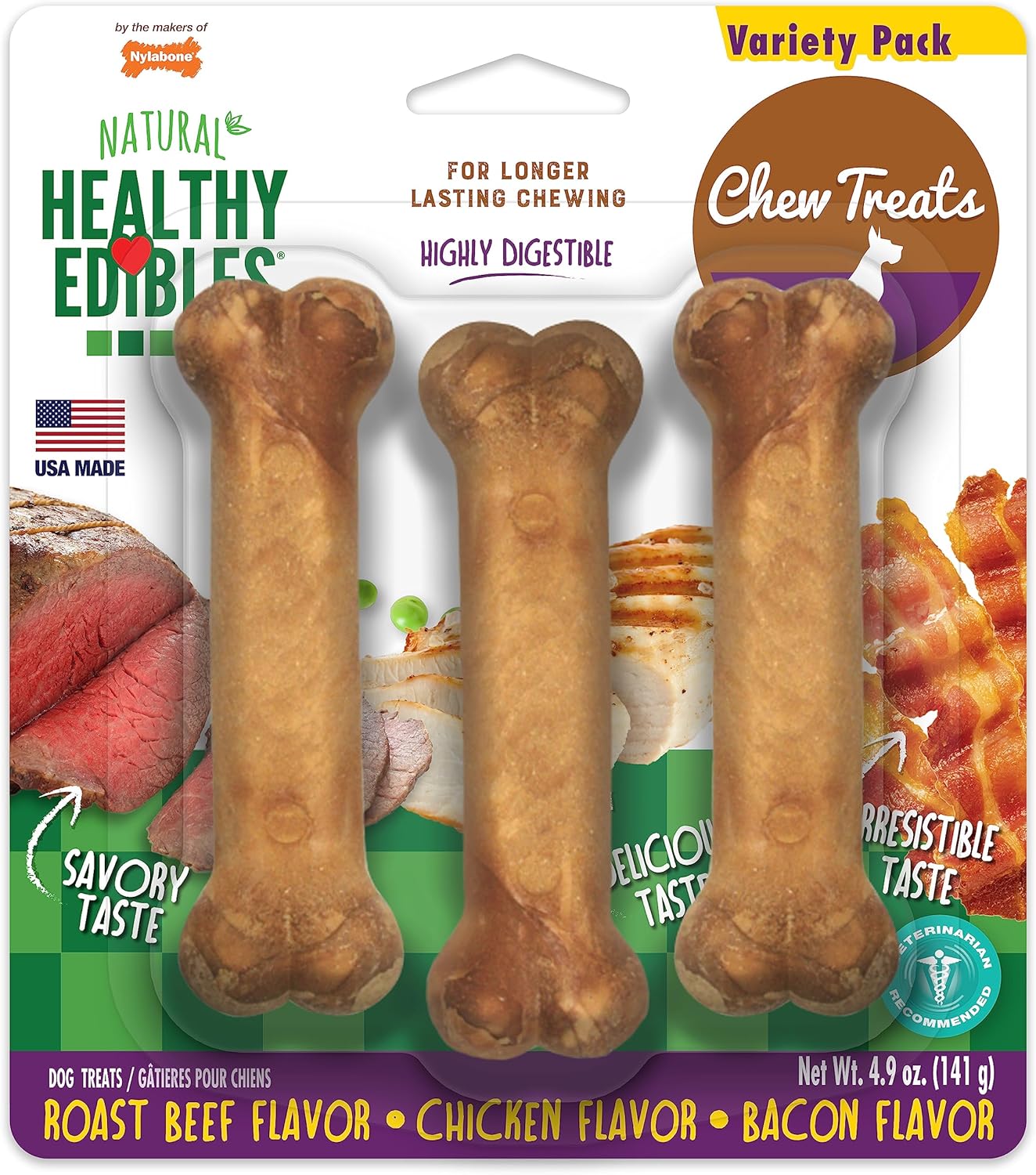 Nylabone Healthy Edibles Natural Dog Chews Long Lasting Roast Beef, Chicken & Bacon Flavor Treats for Dogs, Small/Regular (3 Count)
