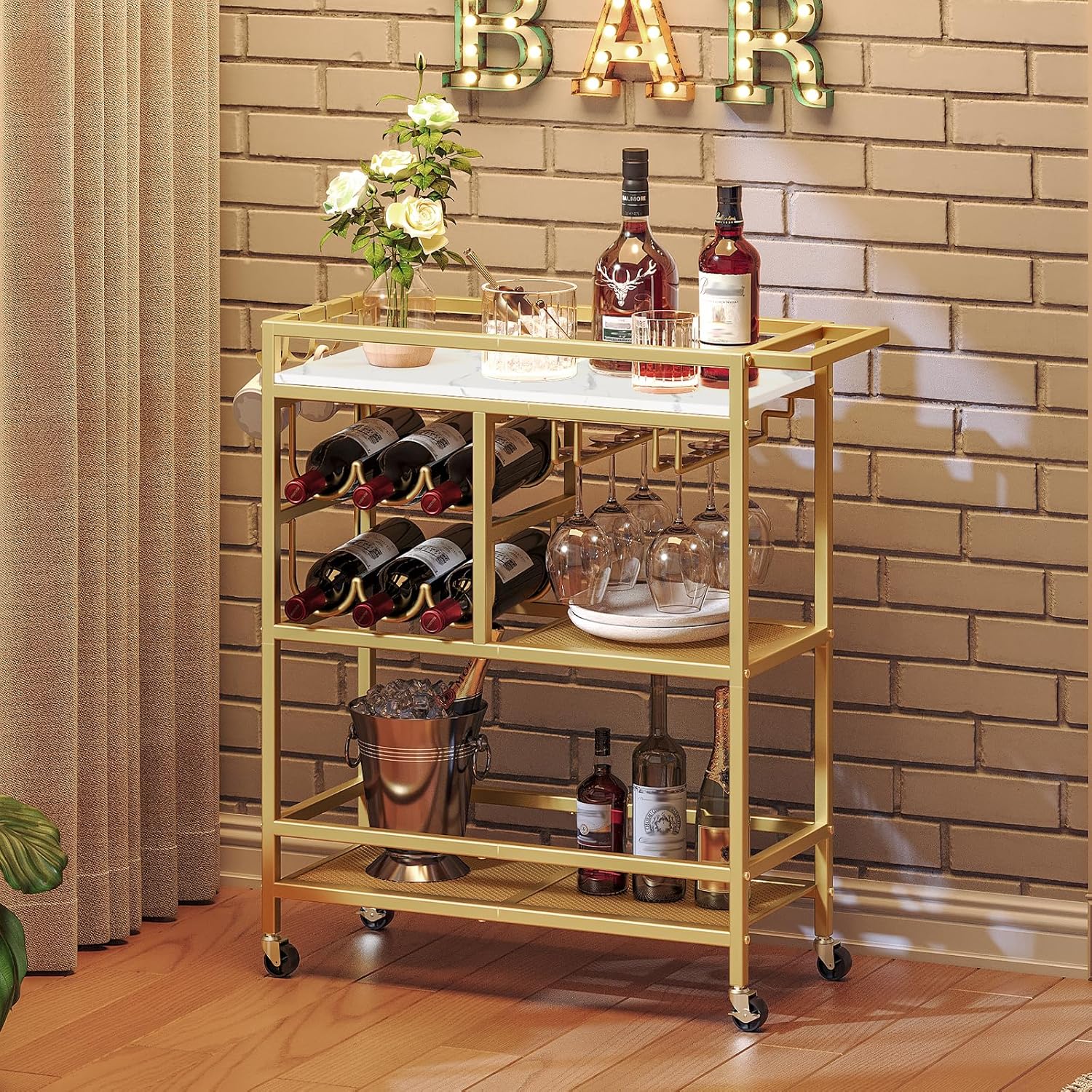 Bar Cart for Home, 3-Tier Serving Cart with Wheels and Handle, Beverage Cart with Wine Rack and Glass Holders, Rolling Wine Cart for Kitchen, Dining Room, Gold and White RCJM6101