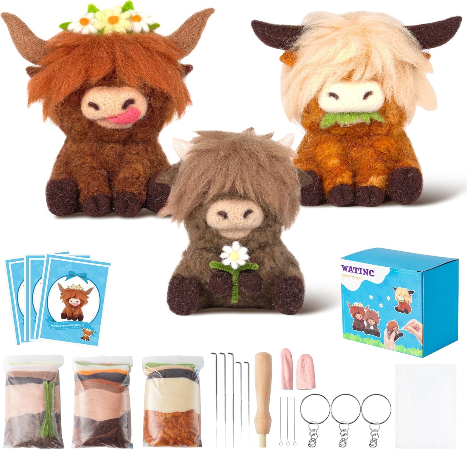 WATINC Needle Felting Starter Kit, 3 Different Highland Cow DIY Home Decoration Felting Craft Felting Tools Felt Needles Doll Wool Party Supplies for Beginners Adults Kids