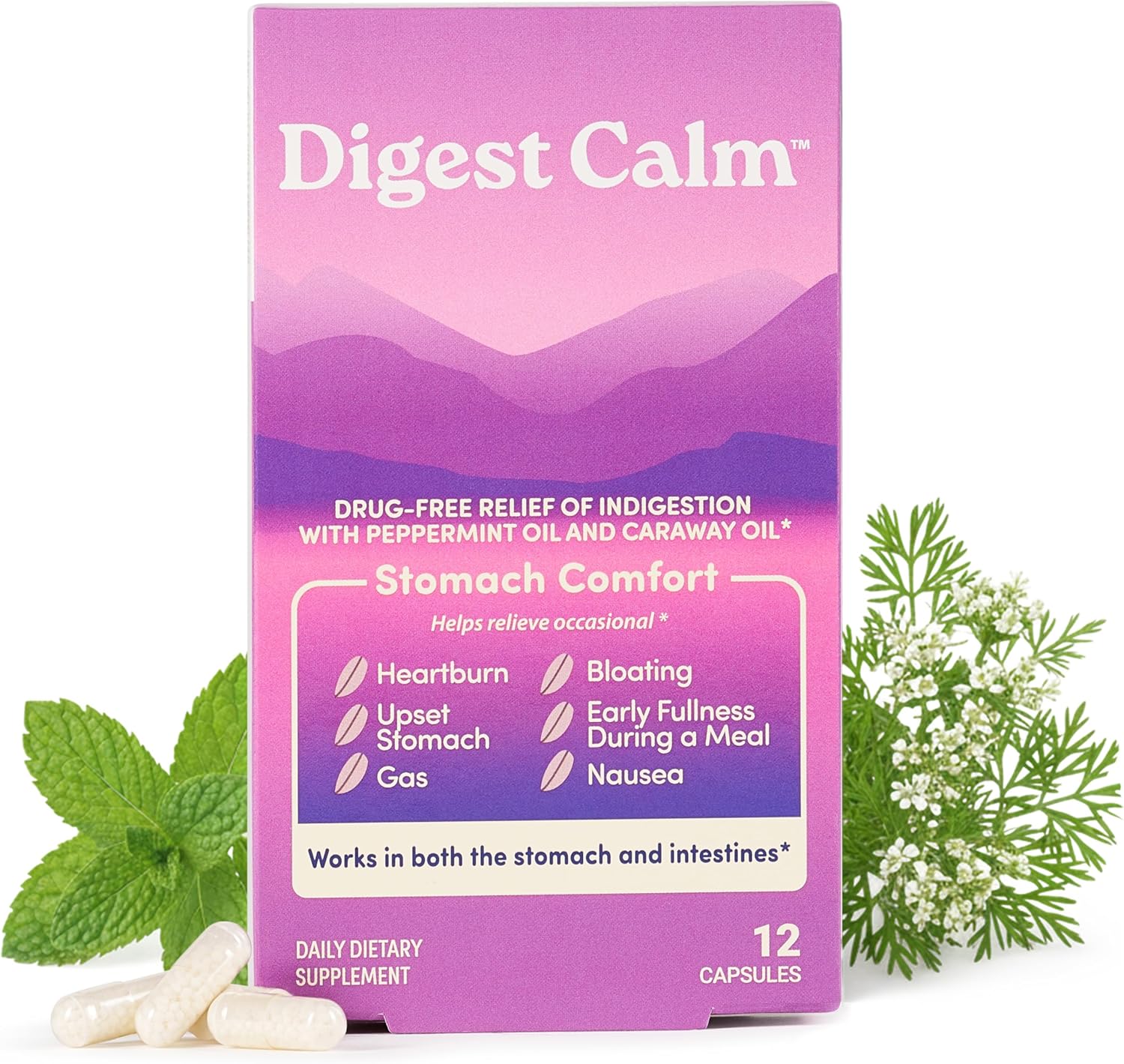 Digest Calm™ - Relief of Occasional Indigestion, Upset Stomach, Nausea, Gas, Bloating, Early Fullness - Herbal Supplement - 12 Capsules