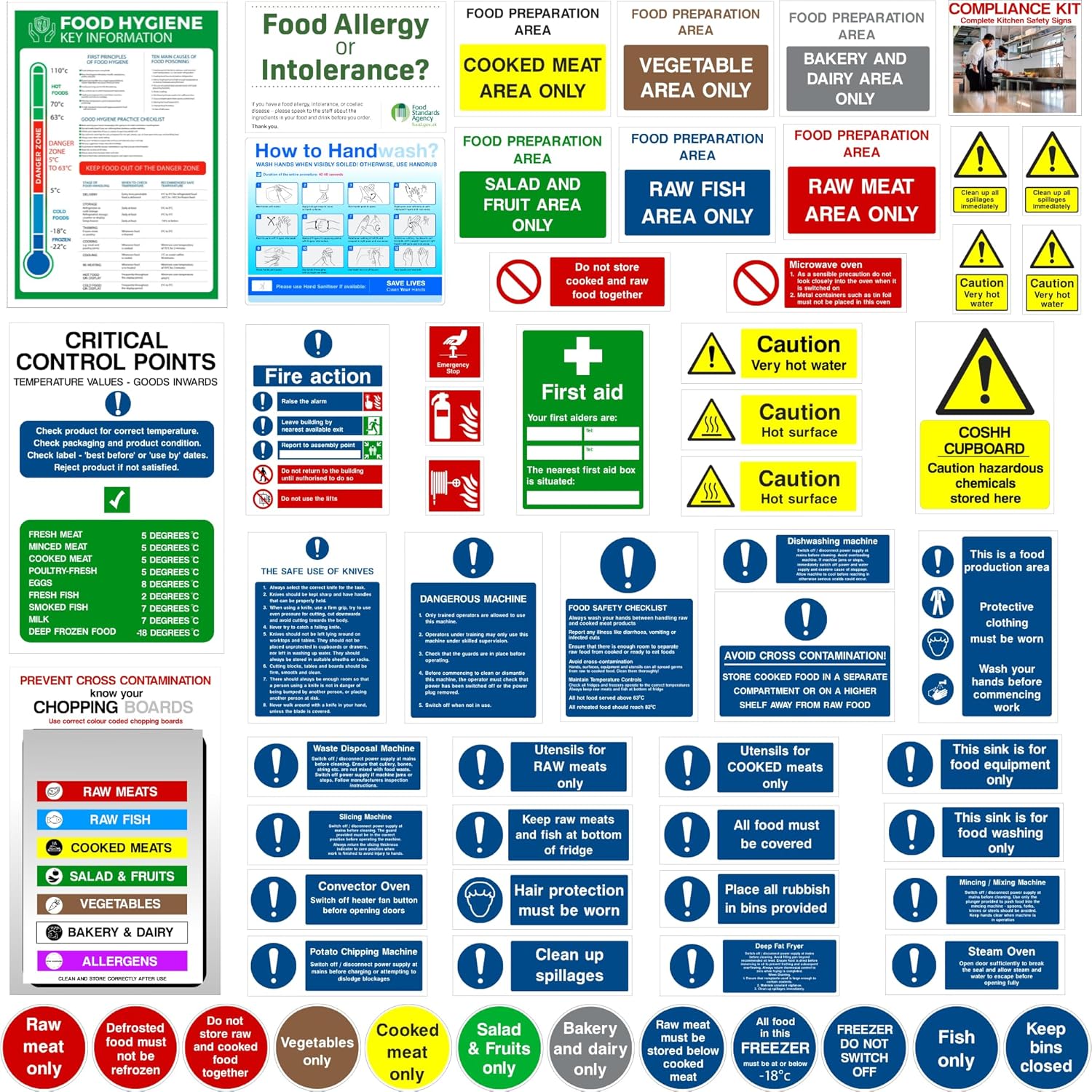 Kitchen Safety Signs, Comprehensive kit, Self Adhesive Vinyl 60Pcs, Health & Safety Compliance, Waterproof -Oil proof, Food Hygiene stickers, Mixed Decals, Restaurants, Schools, Catering vans - UK