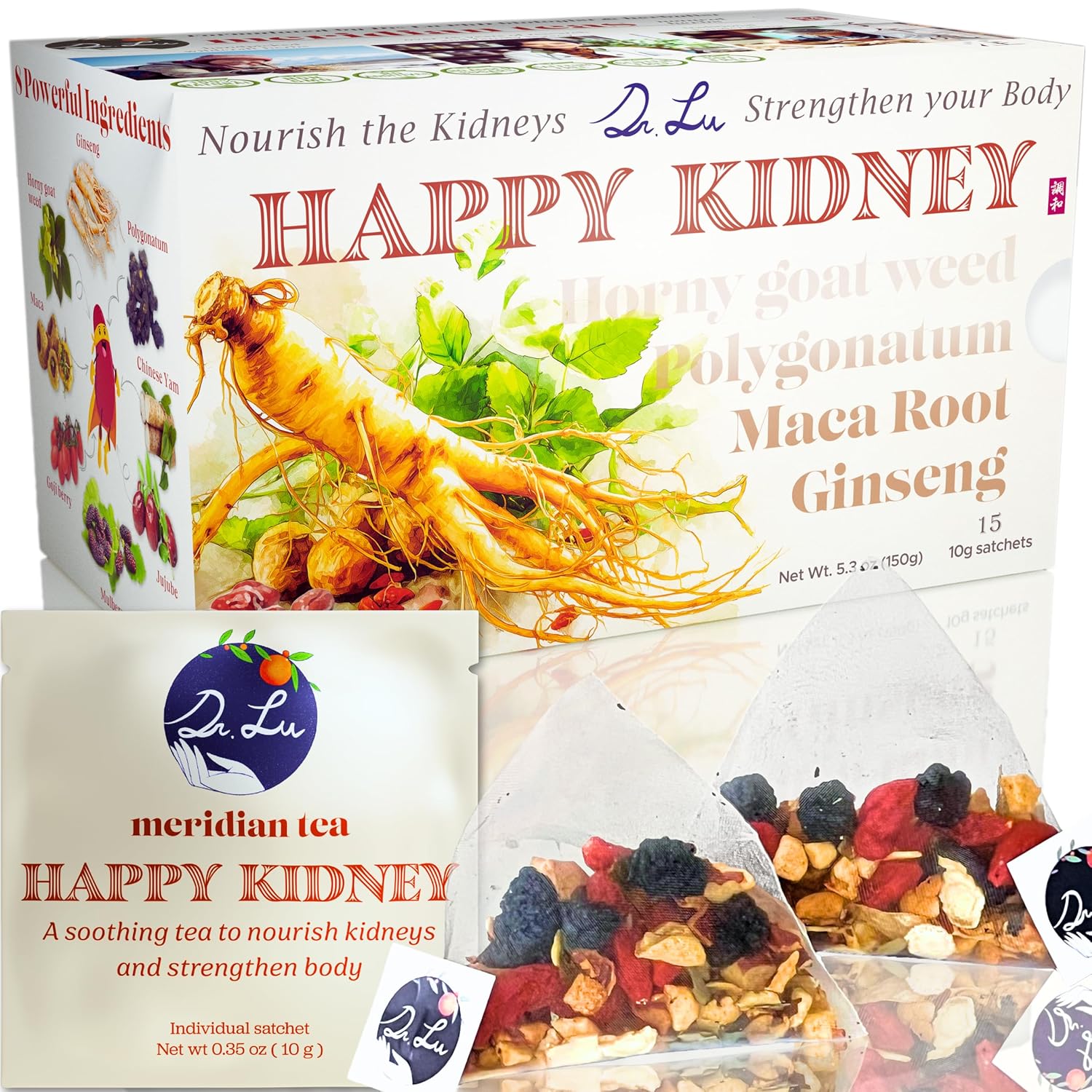 Dr. Lu’s Happy Kidney Tea | 100% Natural Kidney Cleanse Detox & Repair Tea Made in USA | 8-Treasure Kidney Support with Ginseng, Maca Root, Mulberry & Polygonatum for Strength & Vital Energy