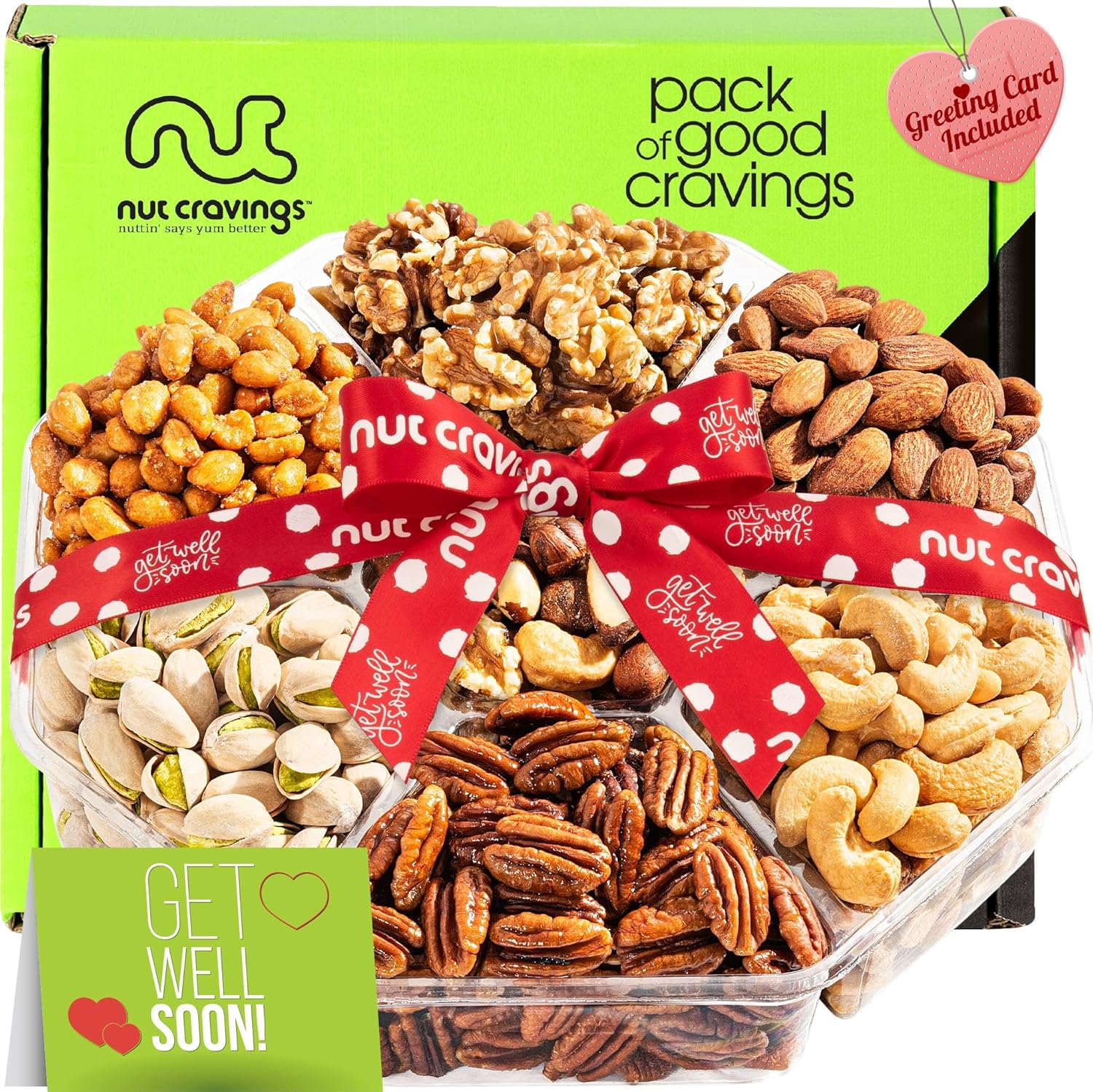 NUT CRAVINGS Gourmet Collection - Get Well Soon, Nuts Gift Basket with Get Well Soon Ribbon (7 Assortments) Food Platter, Healthy Snack Care Package, Kosher