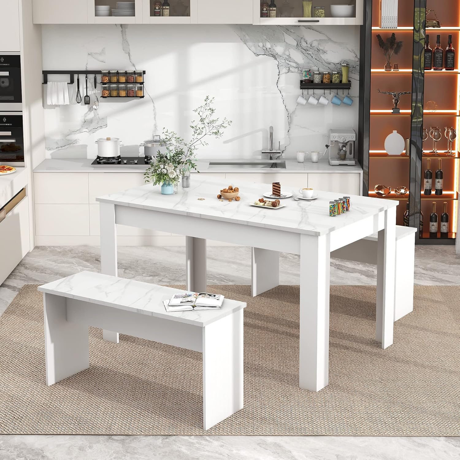 Merax Dining Table with 2 Benches | Artificial Marble Dining Table Set for Kitchen Dining Room Small Space | White