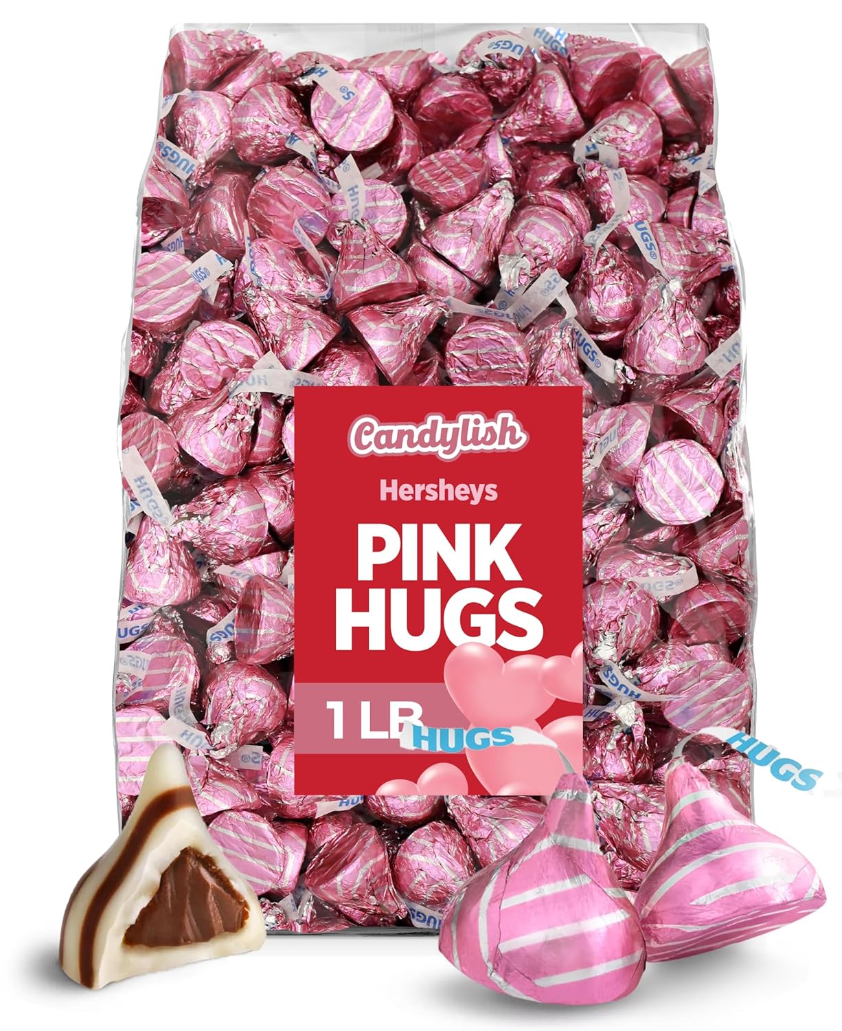 Pink Hugs Milk Chocolate Hugged by White Creme Candy, 1 Pound Bag (Approx 95ct)