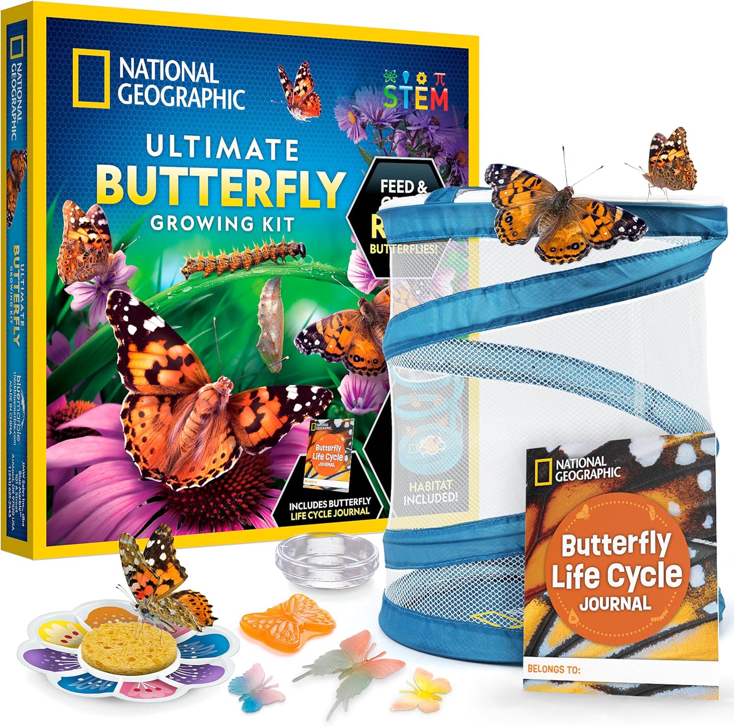 National Geographic Ultimate Butterfly Growing Kit – Build a Habitat & Watch Caterpillars Transform, Includes Live Caterpillar Voucher, Cage, Feeder, Glow-in-The-Dark Figures, Hands-On Activities