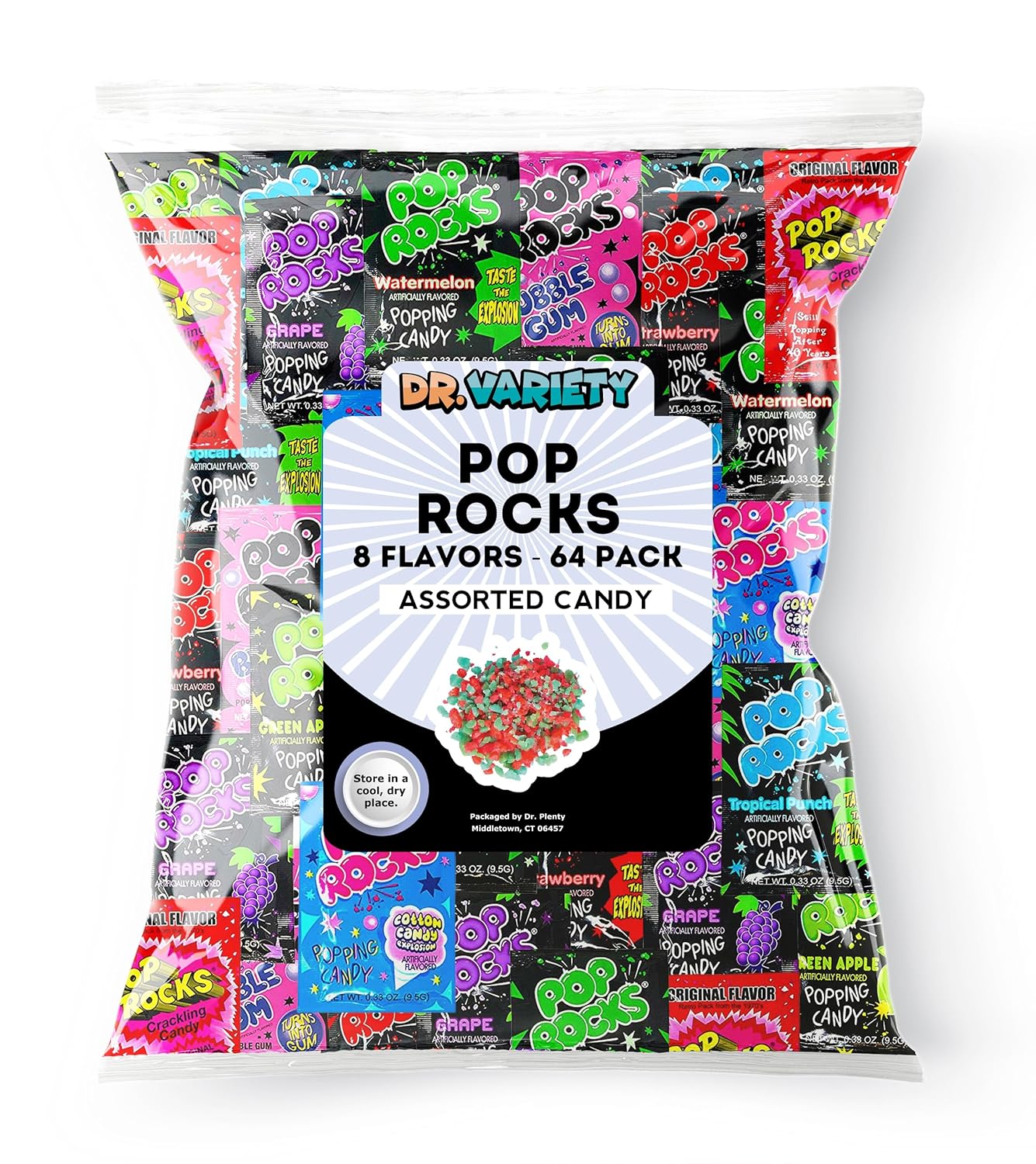 Pop Rocks Bulk Variety Mix - 64 Pack of 8 Flavors - By Dr. Variety - Retro Crackling Rock Candy - Includes Tropical Punch, Bubble Gum, Cotton Candy, Cherry, and Much More!