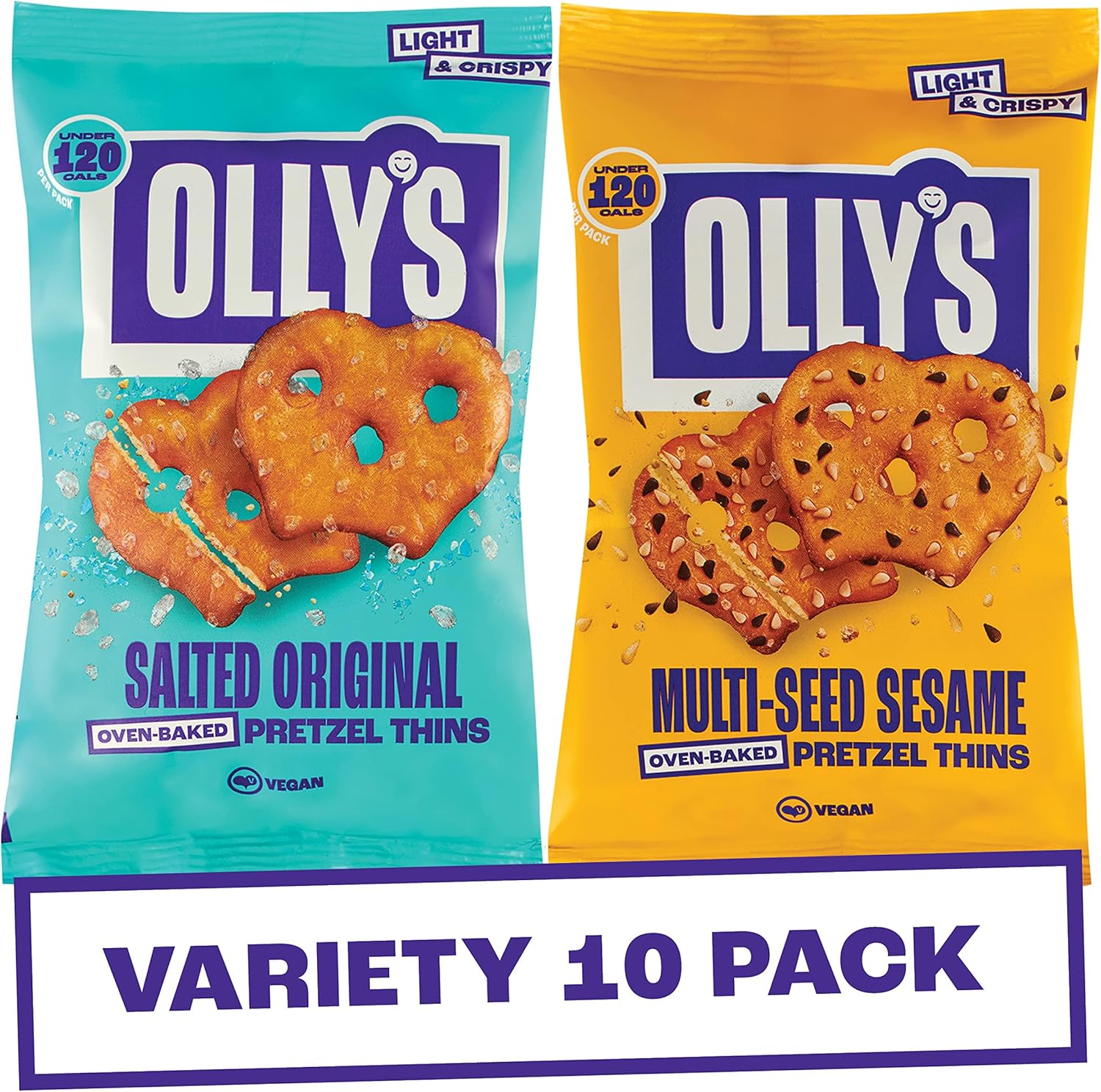 Olly's Pretzel Thins, Variety Pack, 35g (Pack of 10), Handy Snack Pouches, Healthy Plant-Based Vegan Snacks for Dipping, Low Calorie Snacks, Low Fat, Source of Fibre, No Preservatives