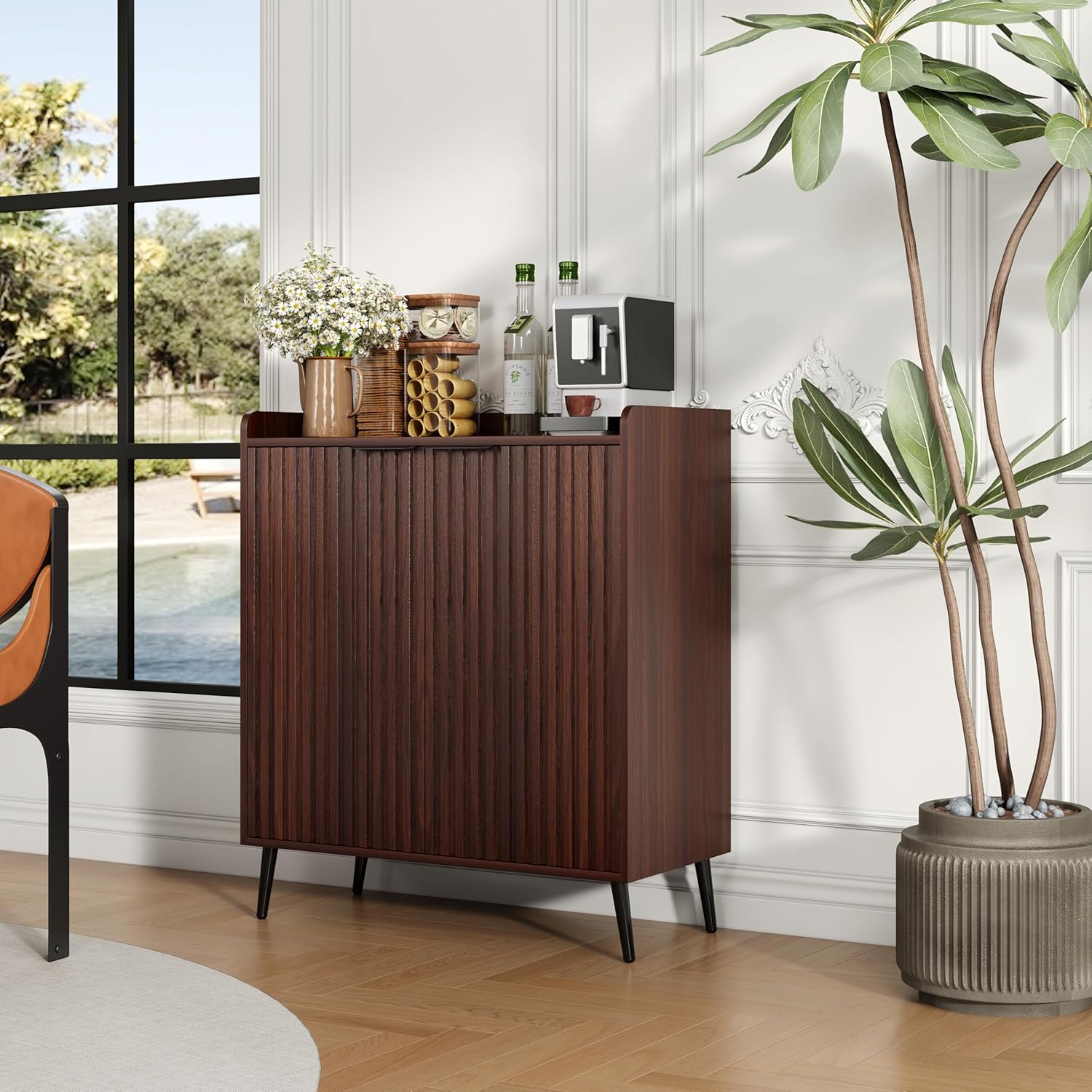 COCO DESIGN Modern Wine Bar Cabinet with Fluted Door, Glass Holder & Drawers, Farmhouse Coffee Cabinet with Removable Wine Rack & Adjustable Shelf, Exquisite Liquor Cabinet for Living Room, Walnut