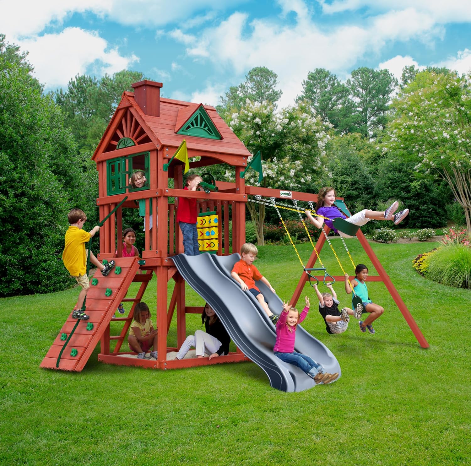 Gorilla Playsets 01-0036-GREY Double Down II Wood Swing Set with Wood Roof, Two Slides, Two Swings, Sandbox Area, Rock Wall, Redwood Color