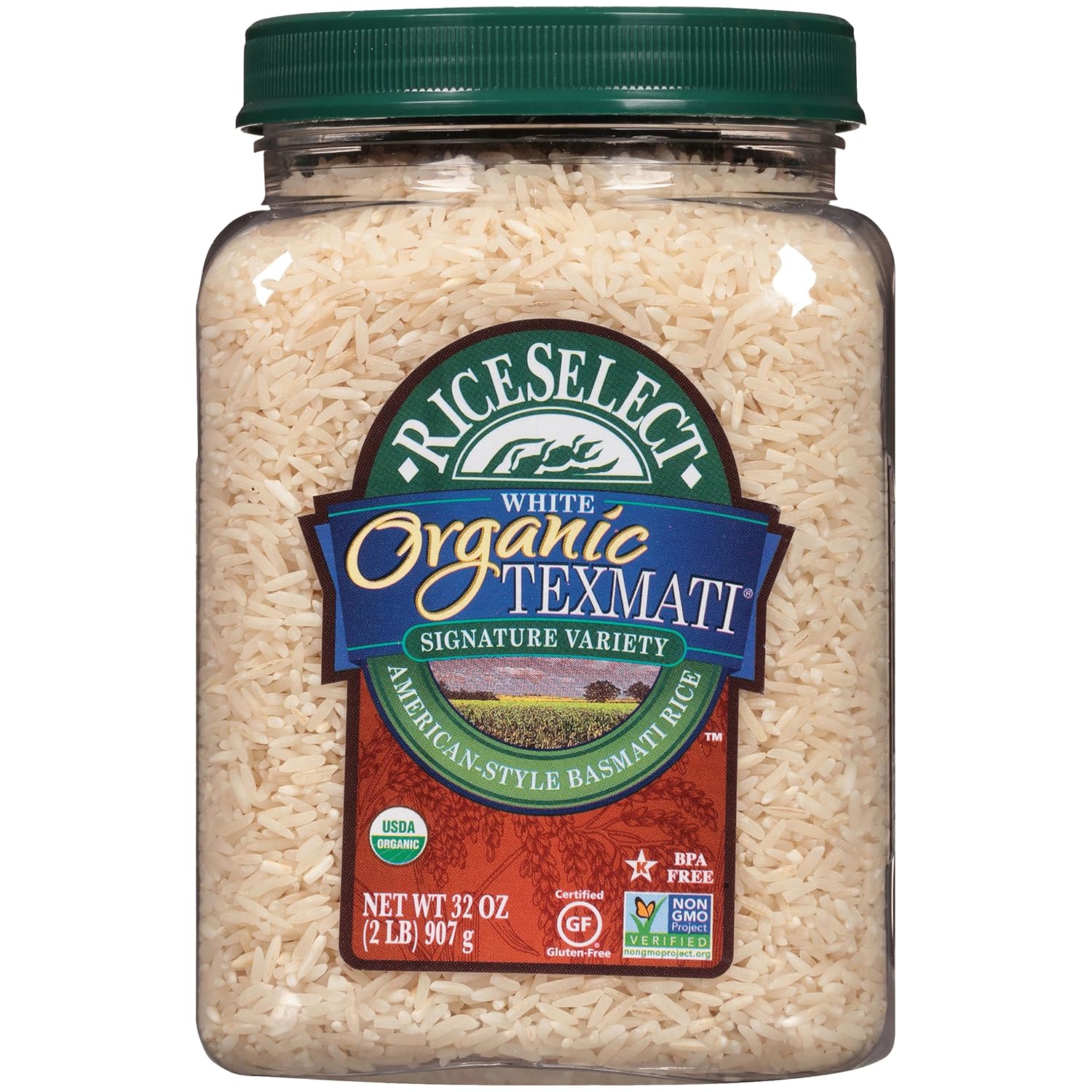 RiceSelect Organic Texmati White Basmati Rice, Premium Non-GMO Gluten-Free Long-Grain White Rice, 32-Ounce Jar
