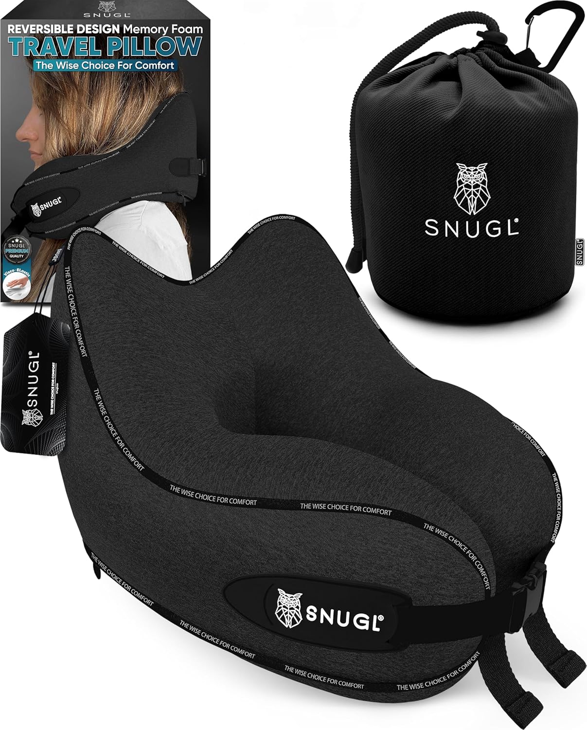 SNUGL Travel Pillow – Memory Foam Neck Pillow for Travel – Support Cushion for Airplane with Carry Bag & Clip - Holiday Essentials (Black - Adult Regular)
