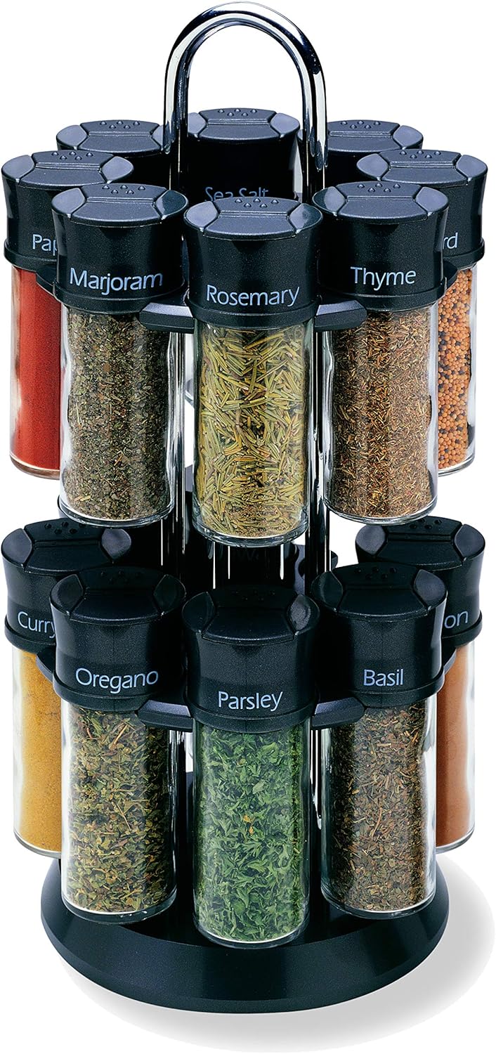 Olde Thompson Chrome- Plated Rotating Spice Rack, 16 Refillable Spice Jars With Shaker Tops And Labeled Lids For Frequently Used Spices