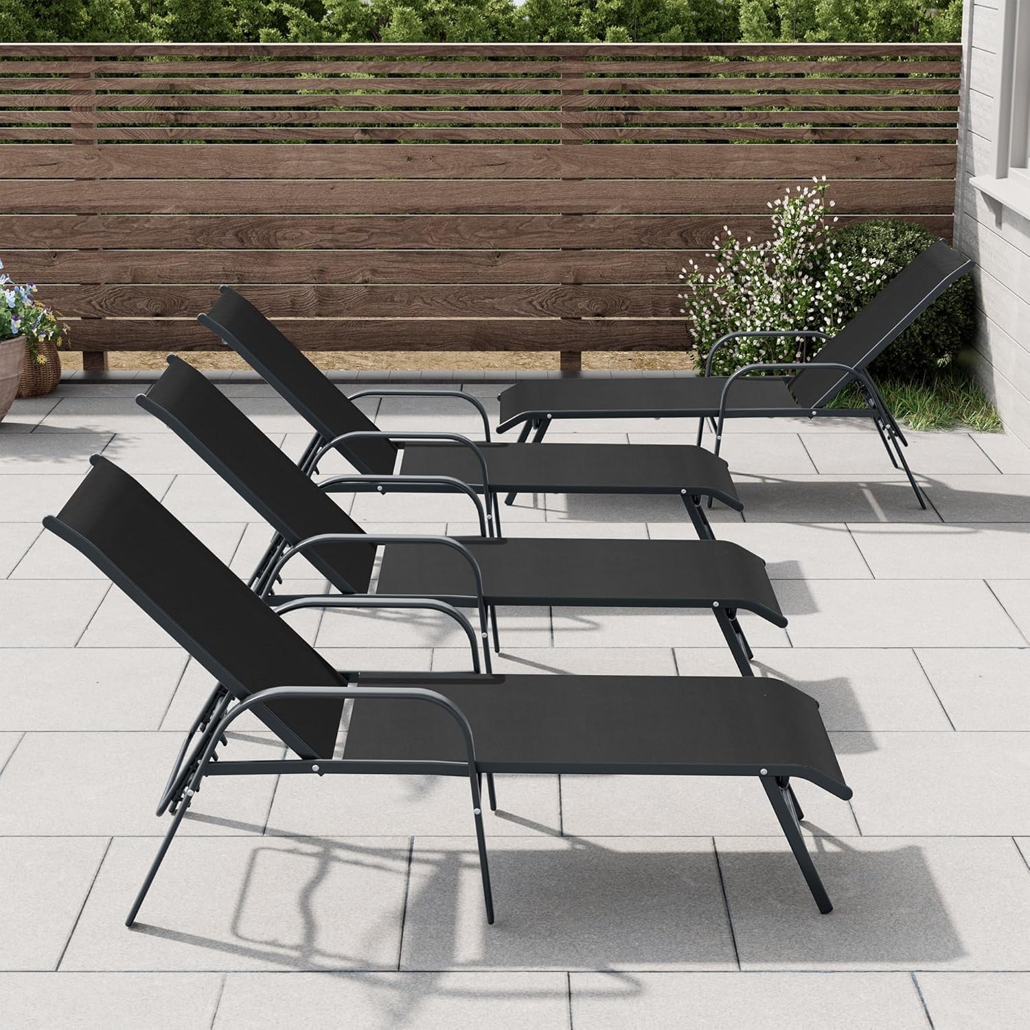 Crestlive Products Lounge Chair Outdoor with Armrests, Pool Lounge Chairs Set of 4, Aluminum Adjustable 5 Positions Tanning Chairs for Outside, Patio, Poolside, Yard, Deck, Backyard (Black)