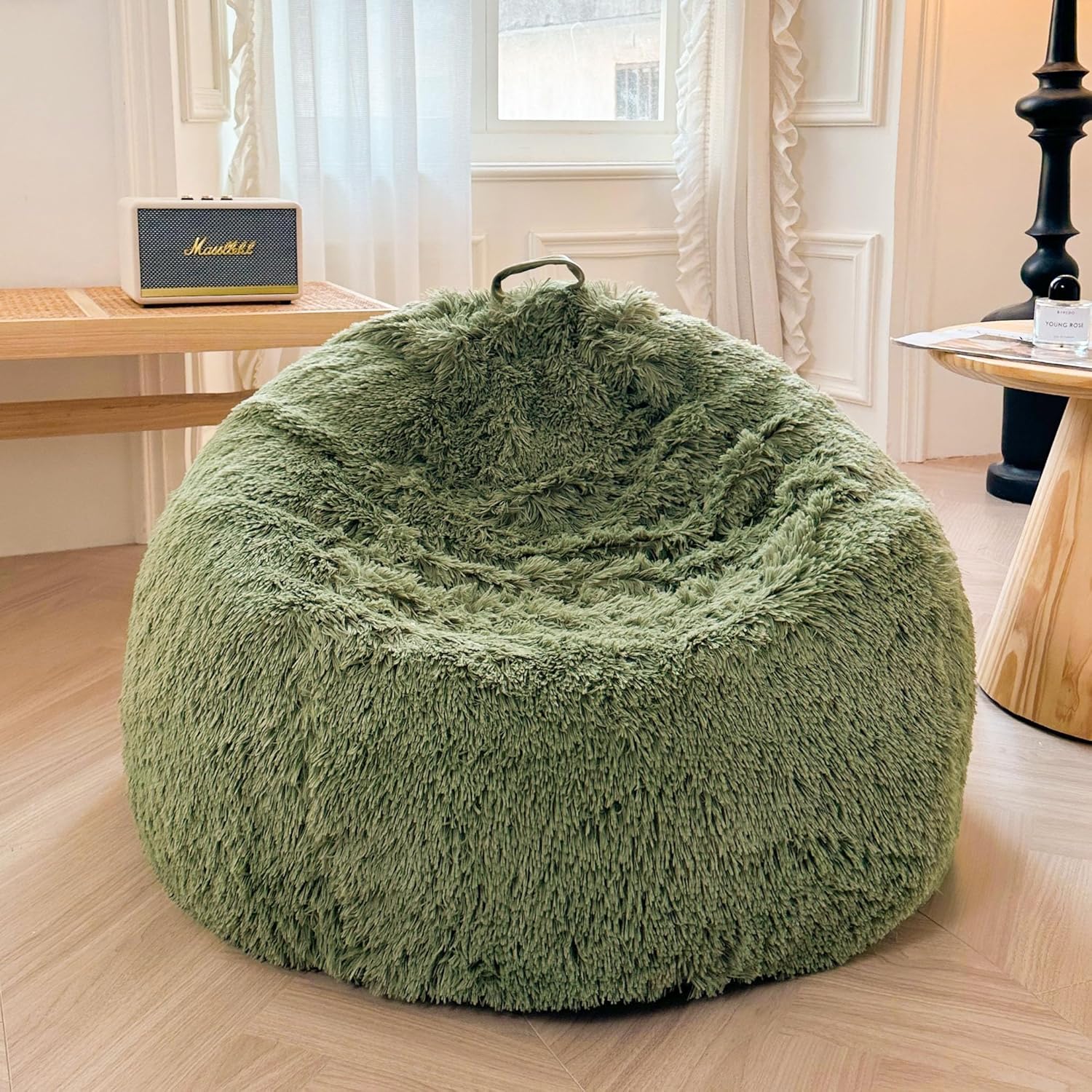 XeGe Faux Fur Comfy Bean Bag Cover, Fluffy Stuffed Animal Storage Bean Bag Chair Cover for Bedroom Home Decor, Furry Fuzzy Big Gaming Bean Bag Cover for Adults Teens Kids Girls, Anti-Slip, Sage Green