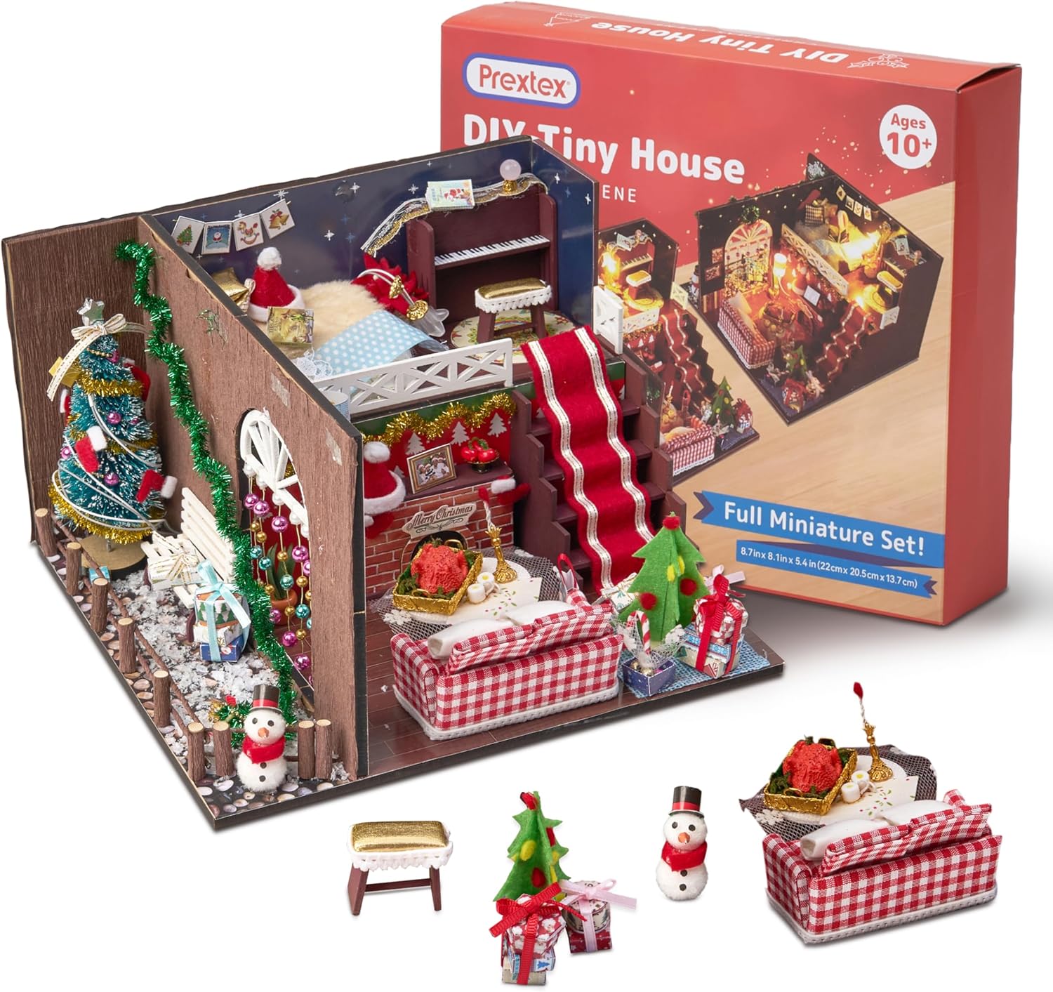 Prextex DIY Tiny House Kit Christmas Scene - Miniature House, Model Home, and Mini Room Kits for a Festive Holiday Building Experience - LED Lights, Snowman, Piano Set and Christmas Tree - Age 10+