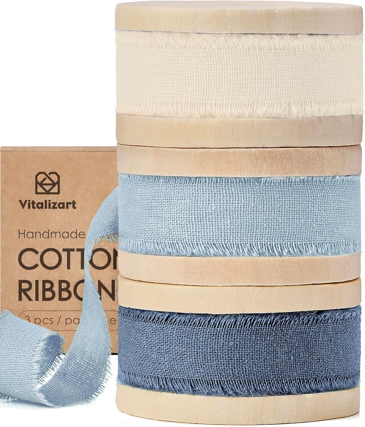 Vitalizart Blue Cotton Ribbon Handmade Fringe 5/8" x 21 Yd Pure Natural Cotton Ribbons for Gift Wrapping Wedding Invites Bridal Shower Bouquets Holiday Decor