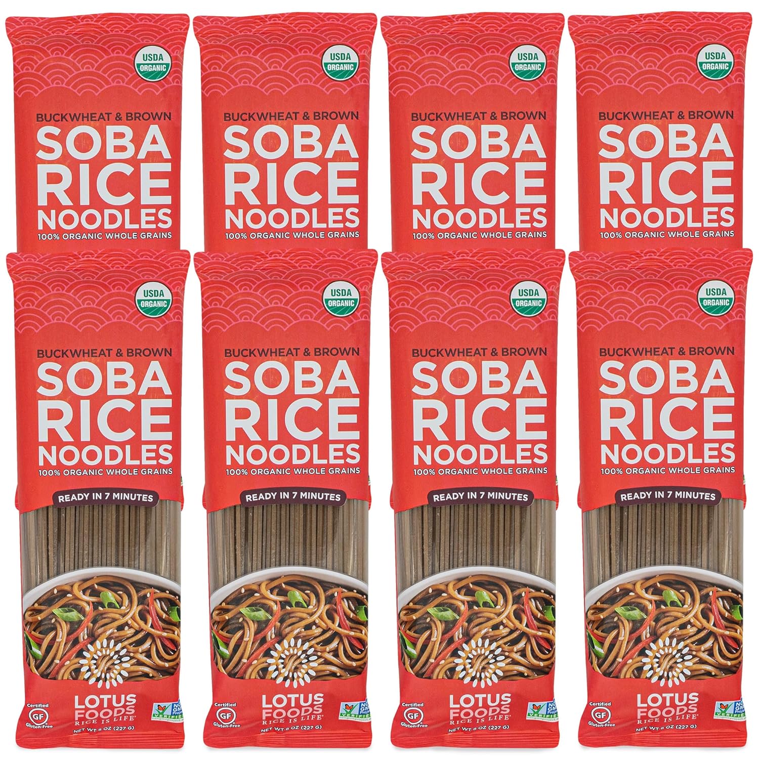 Lotus Foods Organic Soba Rice Noodles - Organic Rice Noodles, Asian Noodles, Rice Noodles Gluten Free, Brown Rice & Buckwheat Flour, Perfect for Stir Fry, GF, Vegan, Non GMO - 8 Oz (Pack of 8)