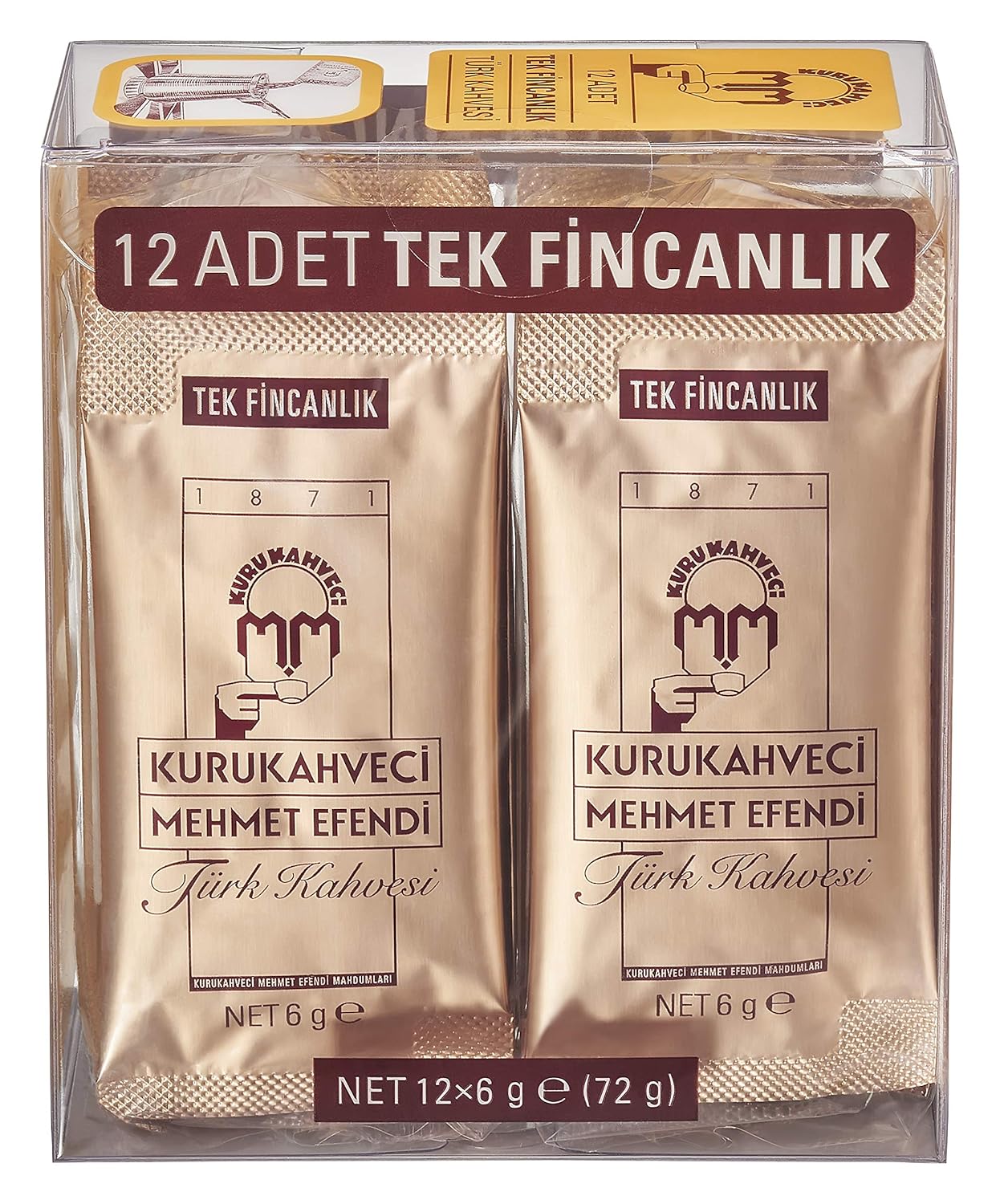KURUKAHVECI MEHMET EFENDI Turkish Coffee, Single Packages, Roasted Ground,Rich Aroma, Fresh, Medium to Heavy-bodied, Original Taste Since 1871 (0.21 OZ / 6 Gr) Pack of 12