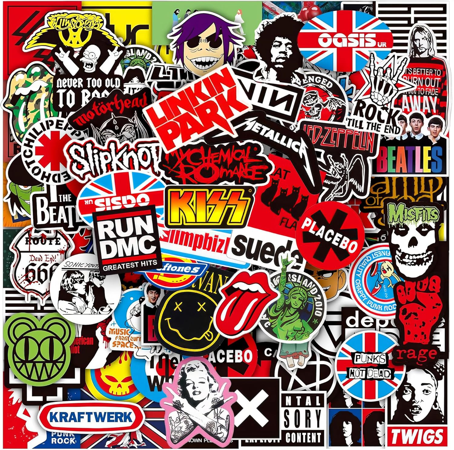 100 Pcs Rock Band Music Stickers – Durable and Waterproof Vinyl Stickers Featuring Iconic Bands | Punk, Metal, Rock Decals | Scratch-Resistant, Vibrant Colors for Laptops, Guitars, Water Bottles