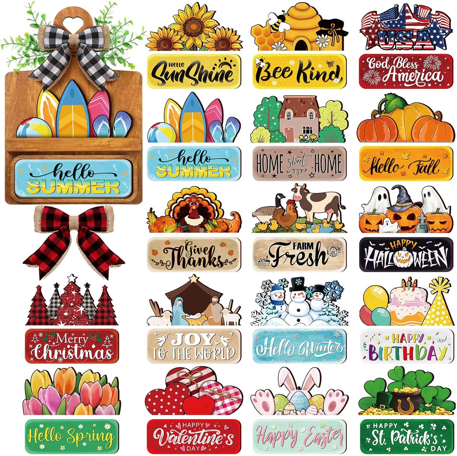 37 Pcs Interchangeable Seasonal Decor Farmhouse Breadboard Interchangeable Seasonal Tier Tray Decor 4th of July Holiday Rustic Wooden Breadboard Decoration with Bow for Table Kitchen