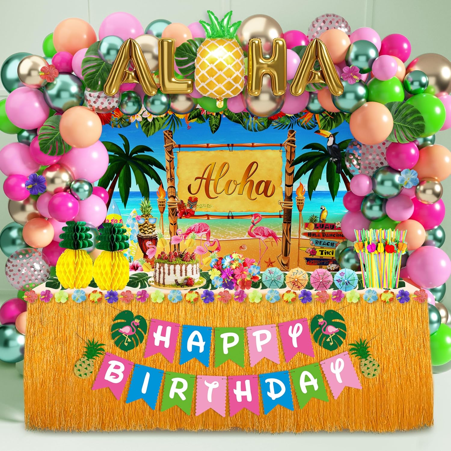 Luau Birthday Party Decorations Hawaiian Party Decorations 169 Pcs Tropical Aloha Party Supplies for Summer Beach Holiday Including Balloon Arch Kit Backdrop Table Skirt Banner Cake Toppers Straws