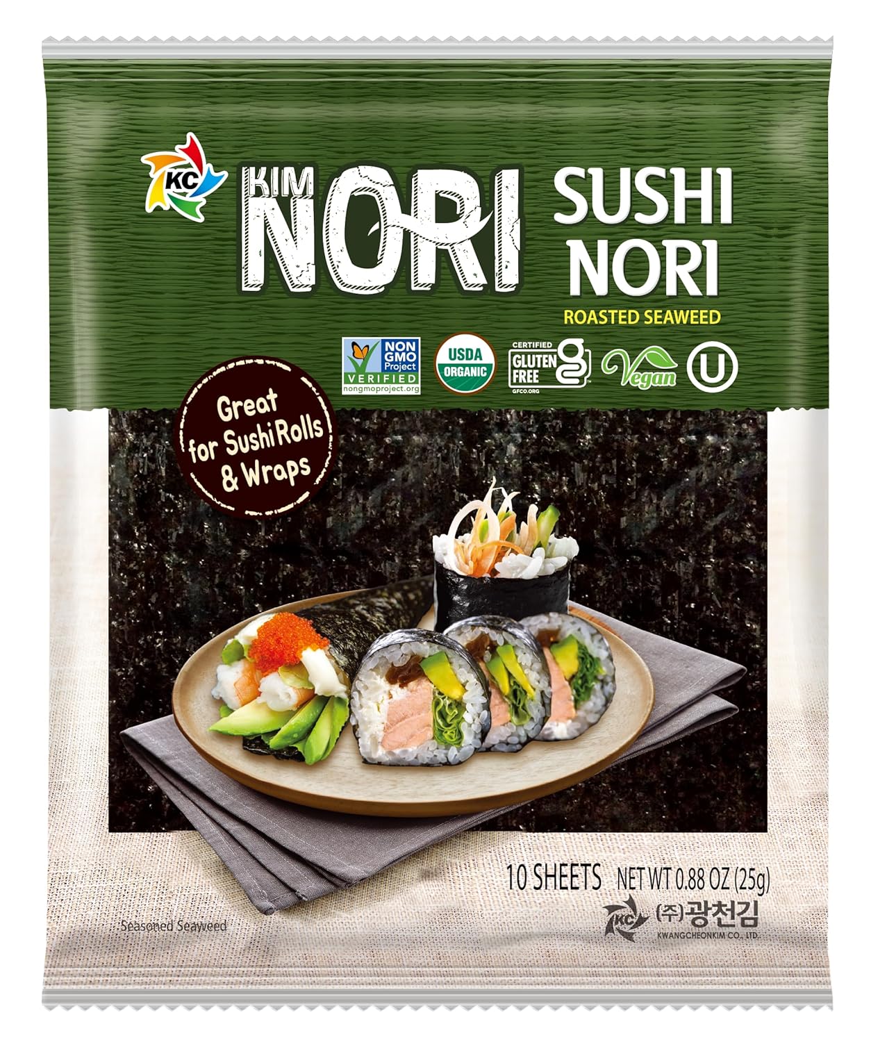 KIMNORI Sushi Nori Seaweed Sheets – 10 Full Size USDA Organic Yaki Roasted Rolls Wraps Snack 100% Natural Laver Gluten Free No MSG Non GMO Vegan Kosher 25 Gram 0.88 Ounce 김 のり 海苔 紫菜
