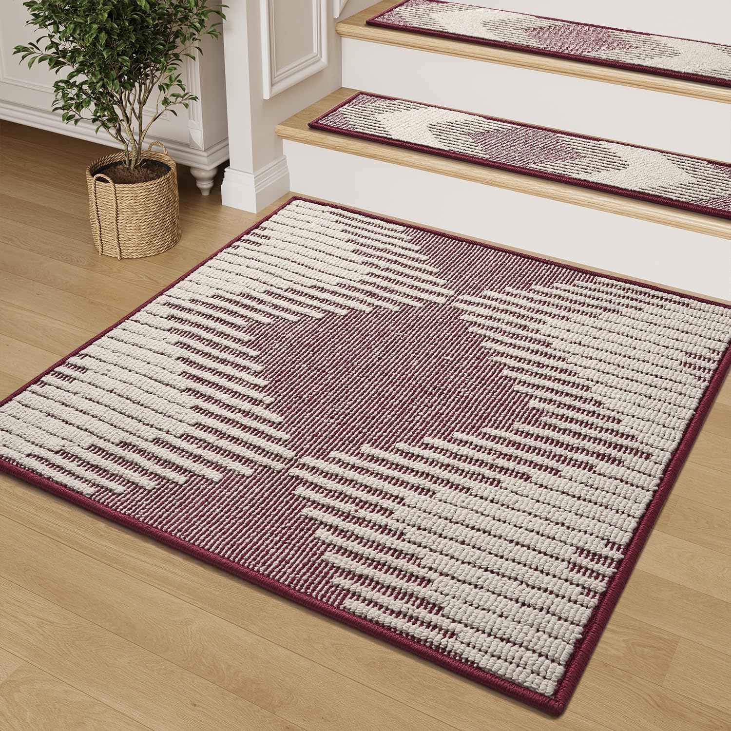 PADOOR Stair Treads Landing Mat Non Slip for Wooden Steps Indoor, 3D Peel and Stick Stair-Carpet Treads Washable Reusable Adhesive Stair Rugs for Kids and Dogs 31"x31" Red