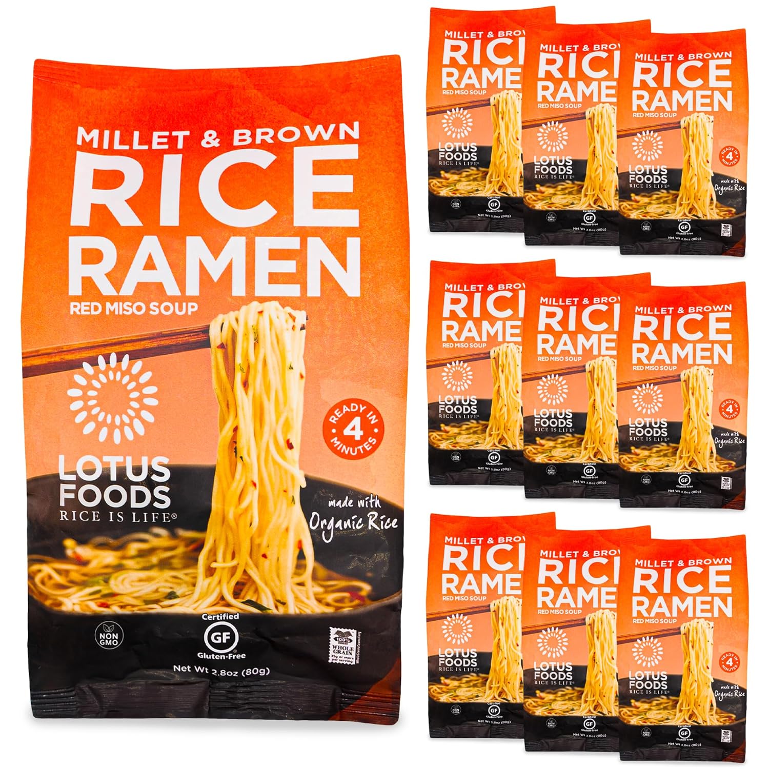 Lotus Foods Organic Millet & Brown Rice Ramen with Miso Soup - Gluten Free Ramen Noodles, Vegan Ramen Noodles with Millet Flour & Brown Rice Flour, Whole Grain GF Ramen - 2.8 Oz Bags (Pack of 10)