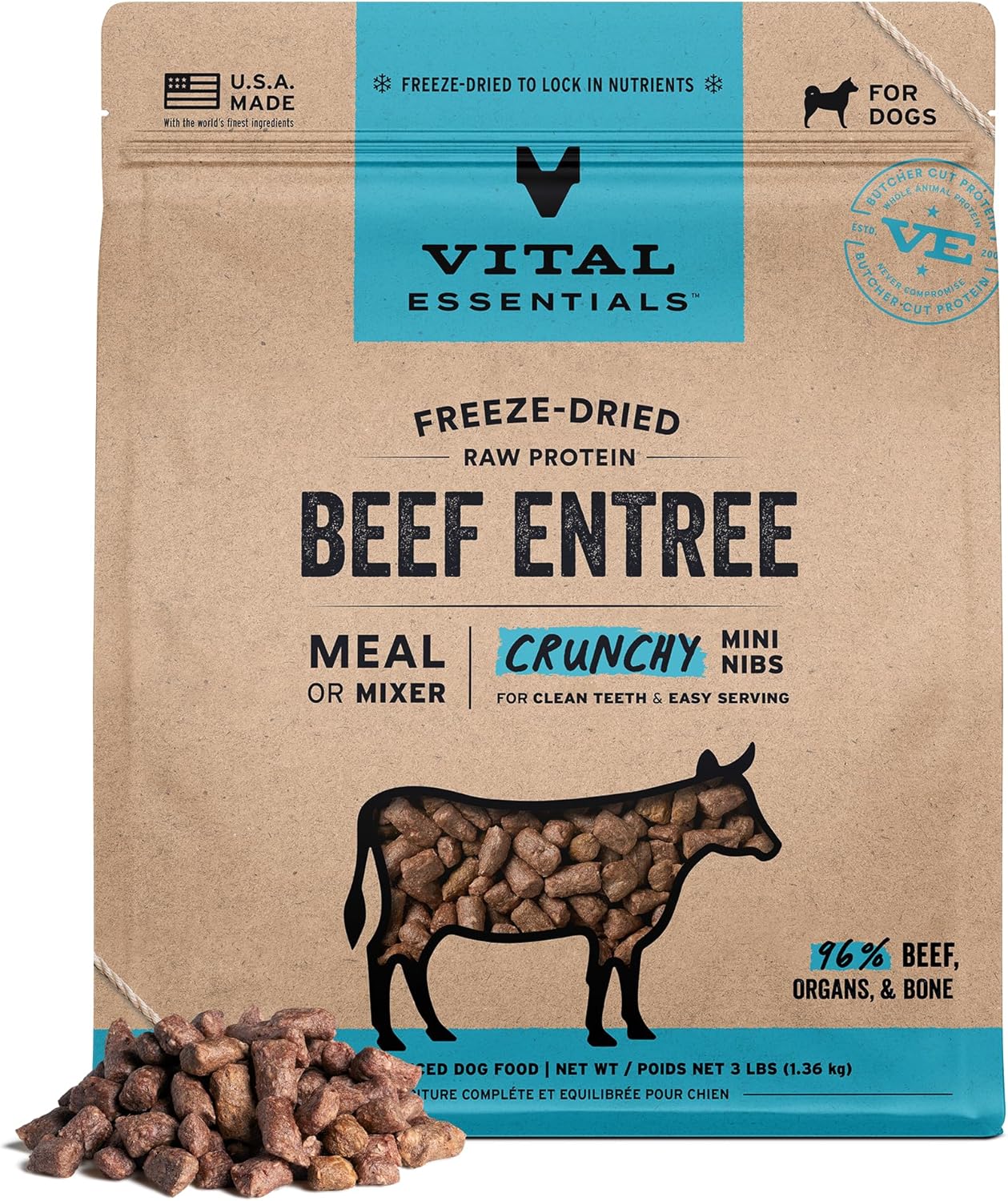 Vital Essentials Freeze-Dried Raw Beef Meal or Mixer Dog Food Crunchy Mini Nibs, 3 lbs Bulk Bag