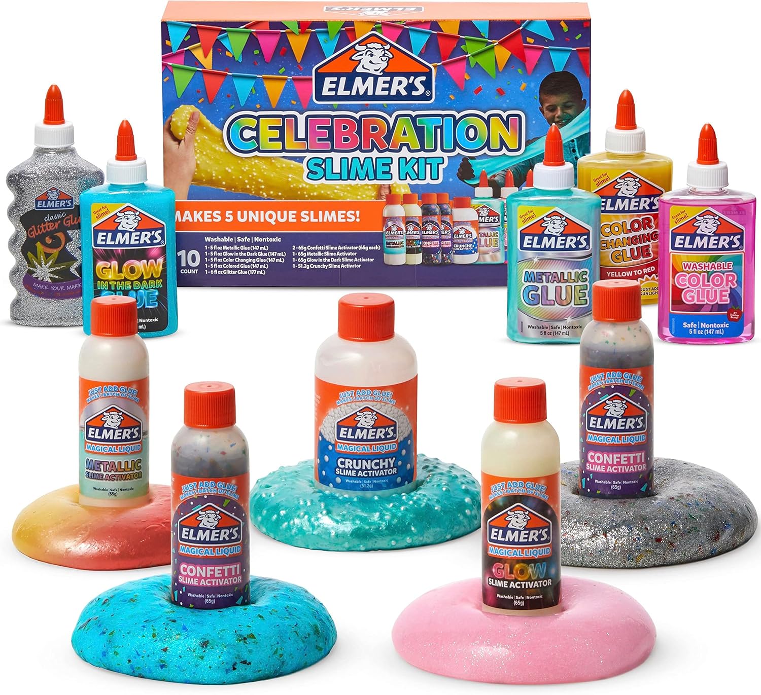 Elmer's Celebration Slime Kit Complete Slime Supplies with Assorted Magical Liquid Activators and Assorted Liquid Glues 10 Count Perfect for Parties and Activity Time