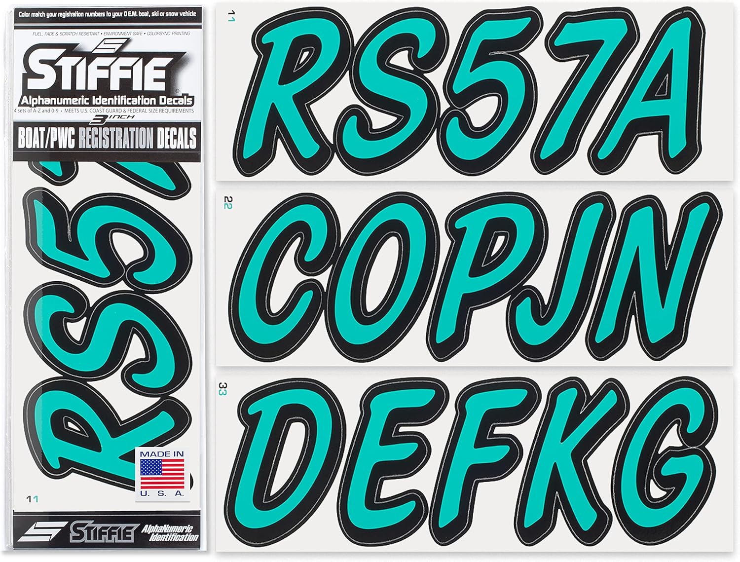 STIFFIE Whipline Solid Sea Foam/Black 3" Alpha-Numeric Registration Identification Numbers Stickers Decals for Boats & Personal Watercraft