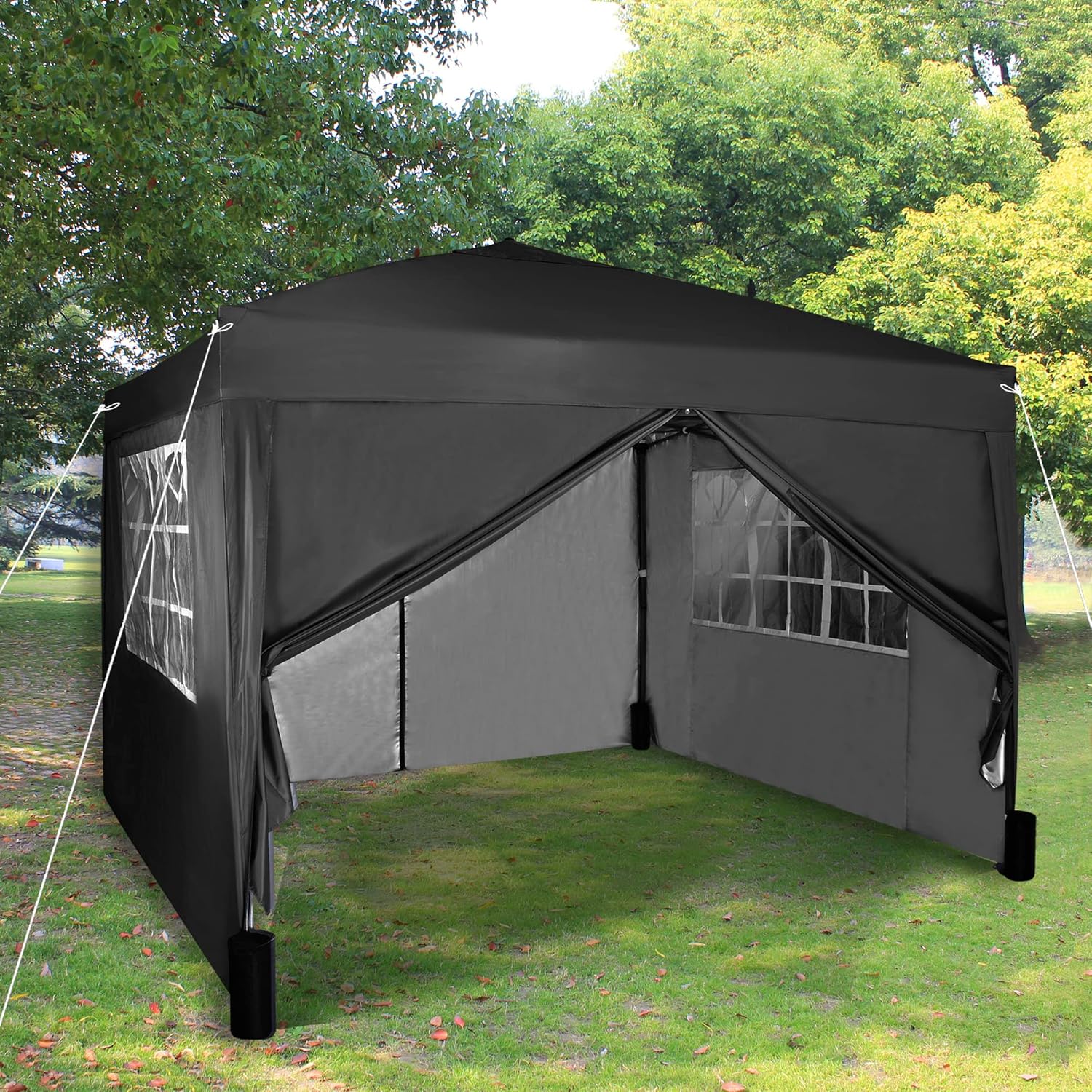 Pop-up Gazebo 3m x 3m with Sides 2 Wind Bars & 4 Weight Bags & Silver Protective Layer Waterproof Marquee Canopy WS (Black)