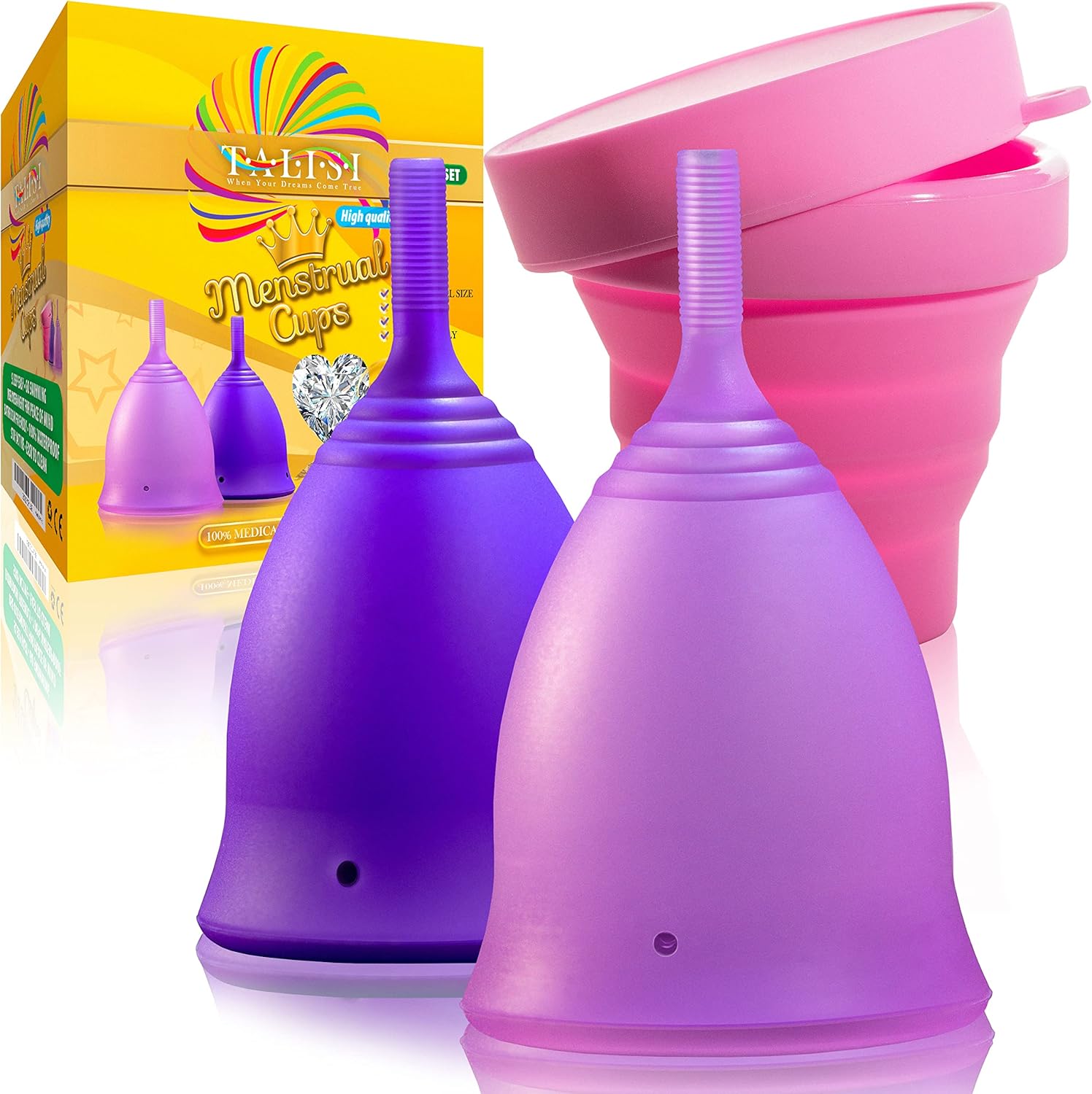 Talisi Reusable Menstrual Cups - Set of 2 Period Cups for Women with Collapsible Sterilization Menstruation Cup for Beginners - Feminine Hygiene Alternative to Tampon and Pad - Regular and Heavy Flow