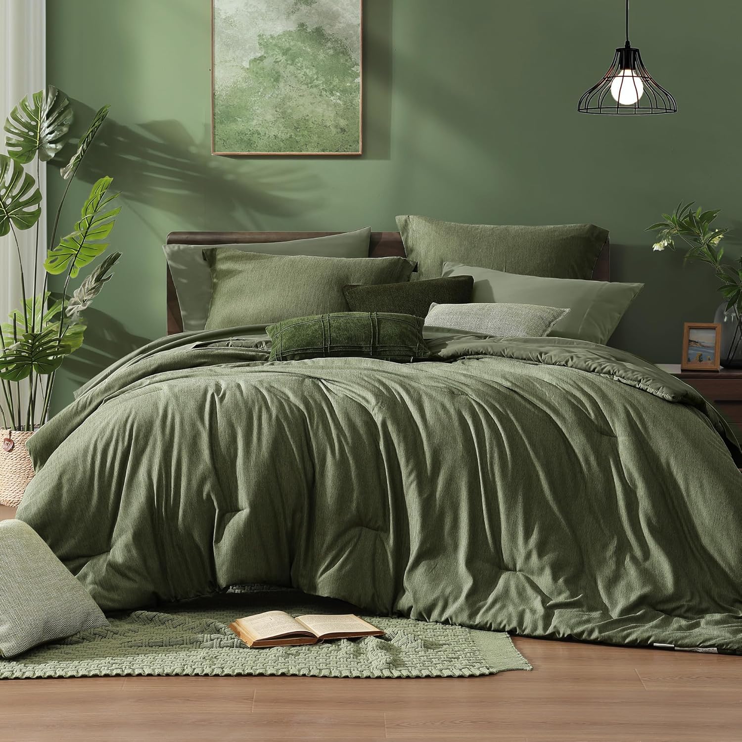 Monbix Queen Comforter Set - 7 Pieces Cationic Dyeing Olive Green Bed in a Bag Queen Bedding Sets with Comforter, Sheets, Pillowcases & Shams, Reversible Bedding Comforters Sets